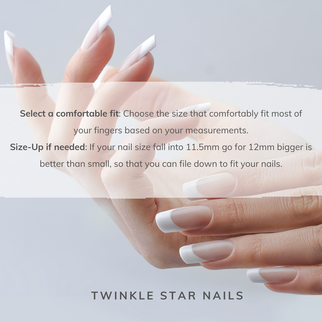 a close-up of a person's hands with long, white fingernails. The text overlay provides instructions on how to choose a comfortable fit for nails based on measurements, suggesting that the person should select a size that comfortably fits most of their fingers.