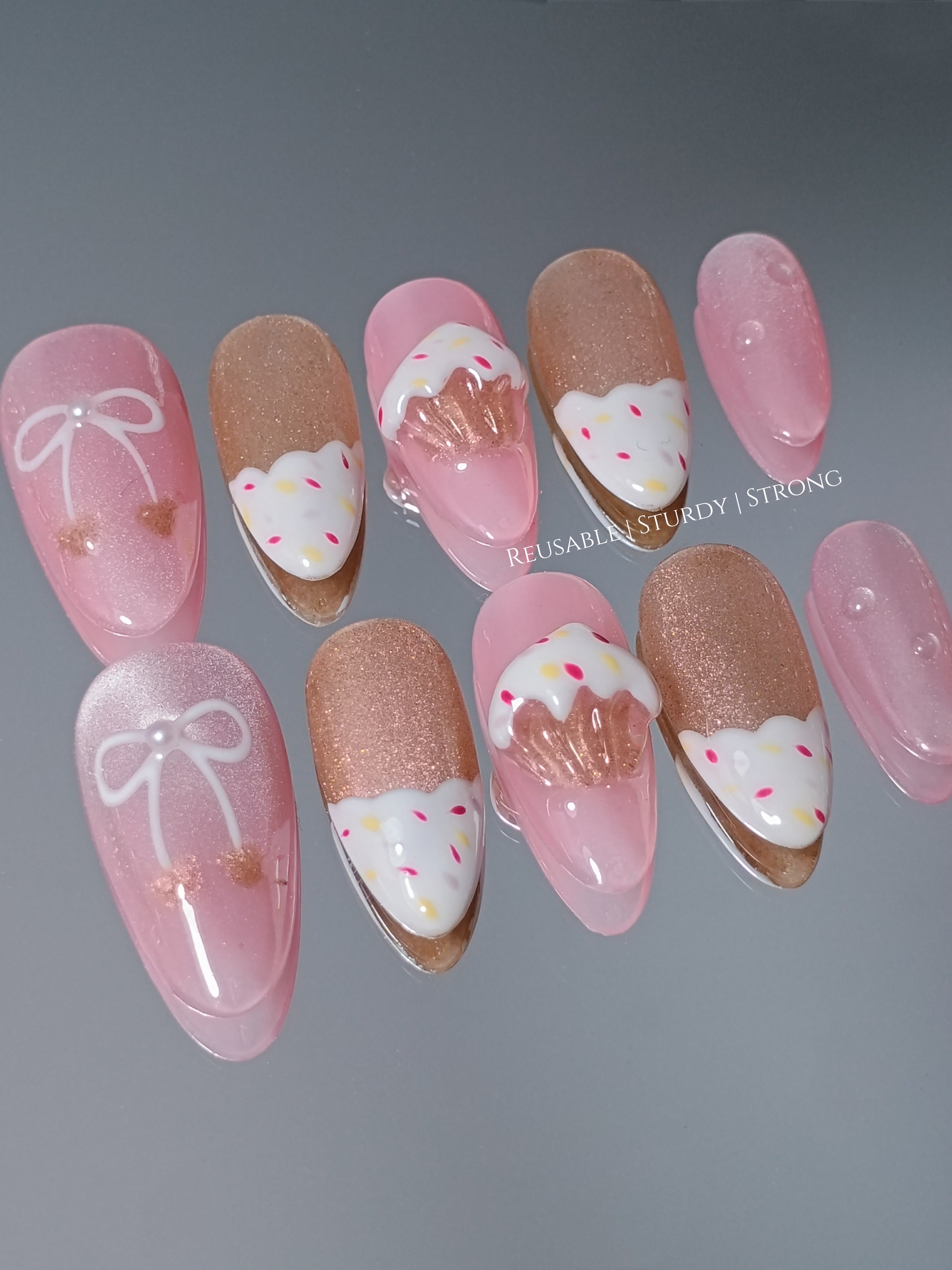 3D Champagne Cupcake Press On Nails