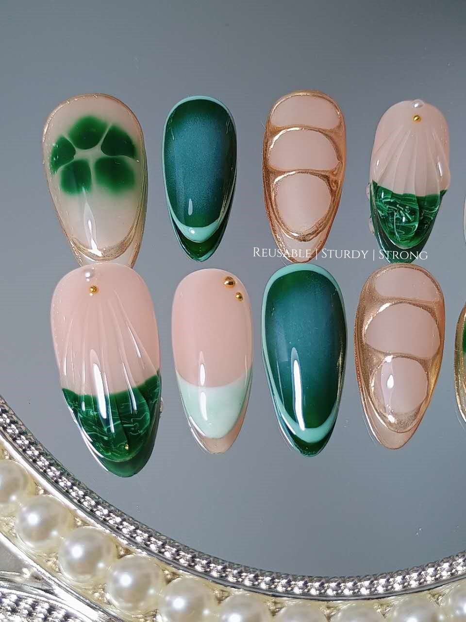 Classic Green Blooming Flower with Golden Chrome Nails