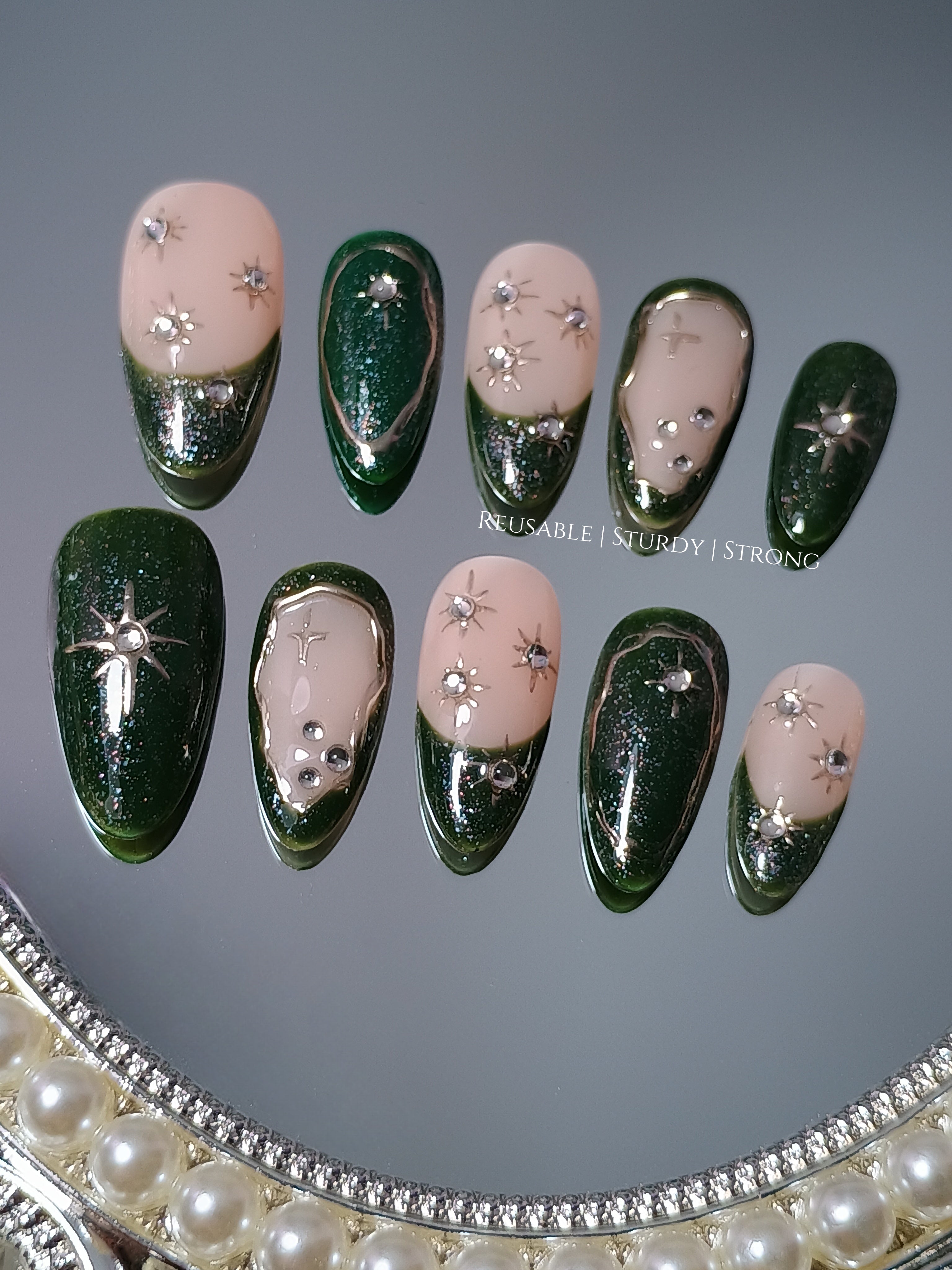 Dark Green Galaxy Celestial Press On Nails