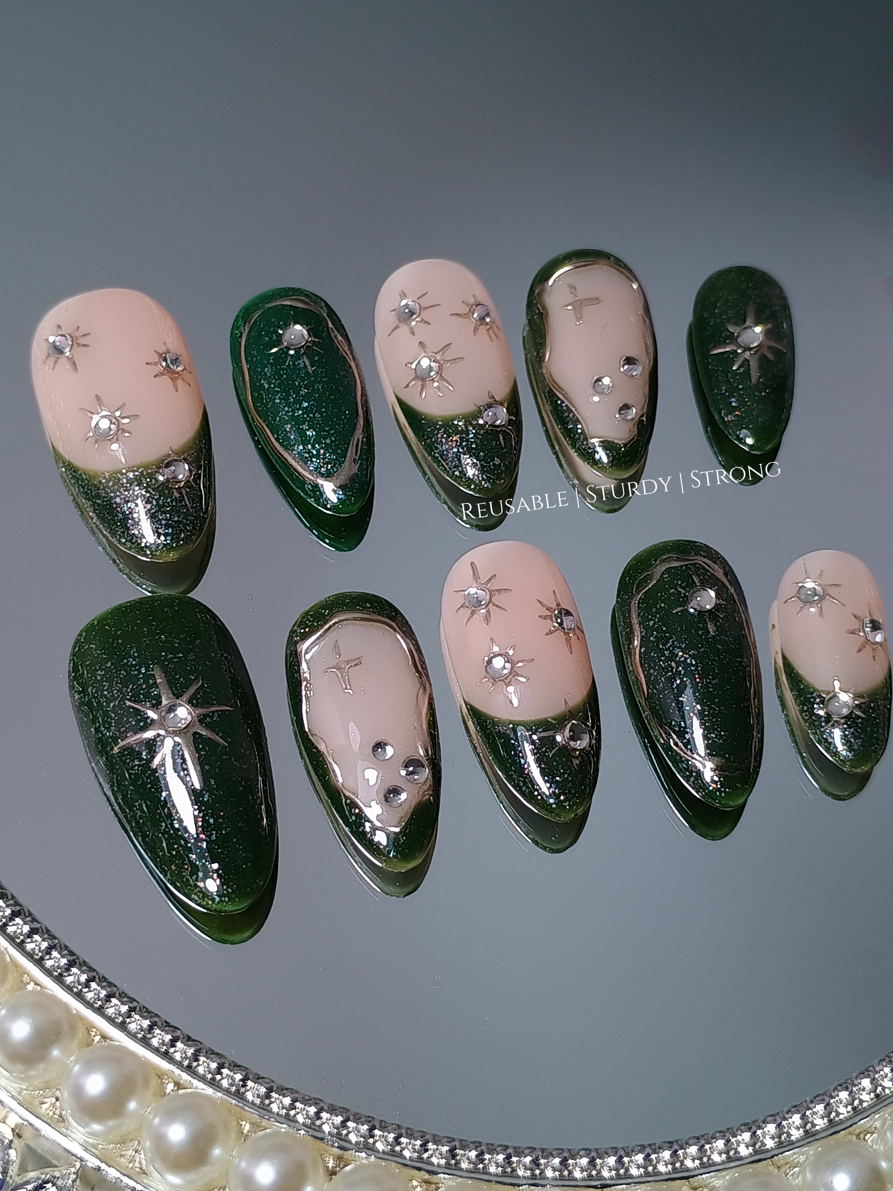 Dark Green Galaxy Celestial Press On Nails