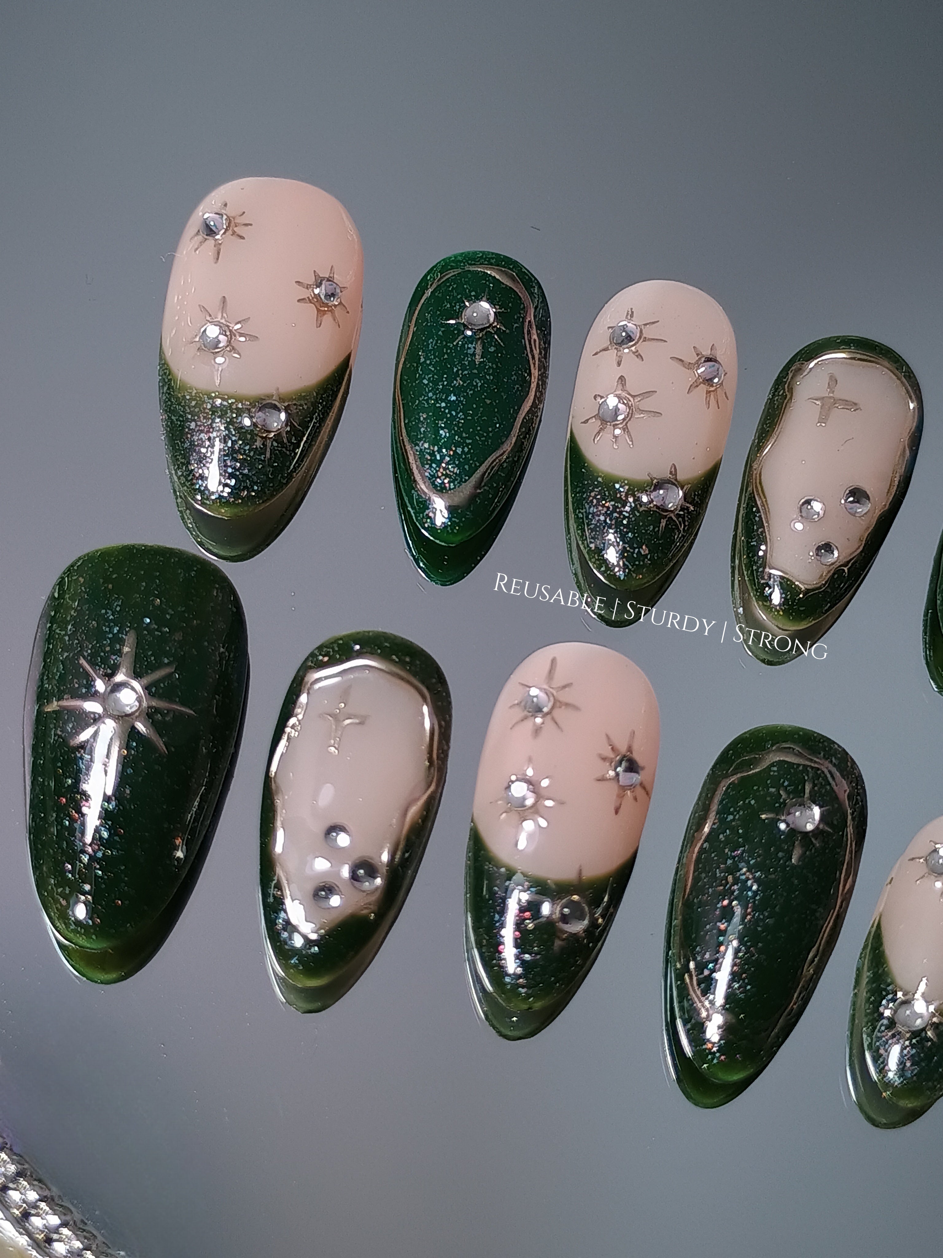 Dark Green Galaxy Celestial Press On Nails