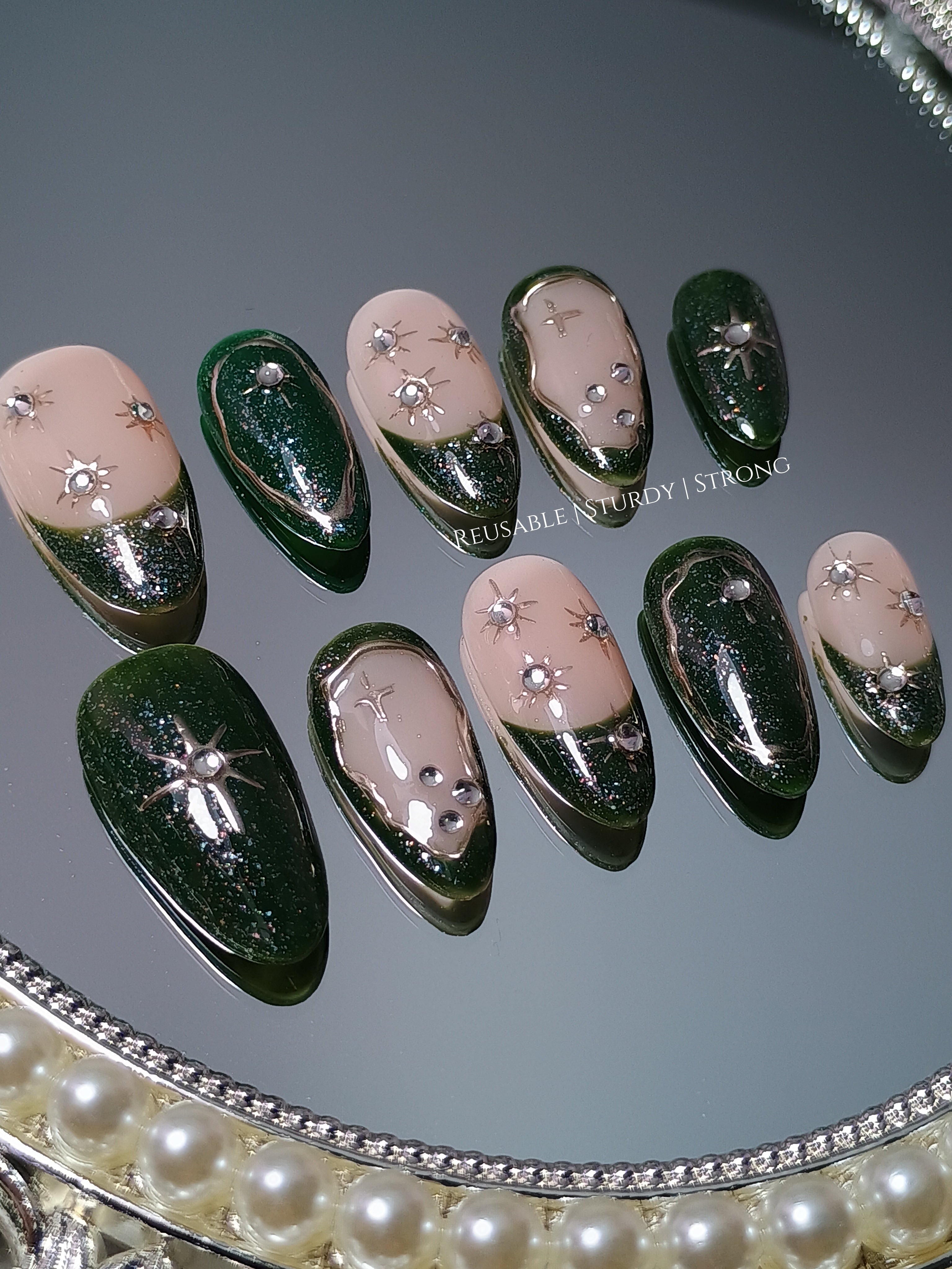 Dark Green Galaxy Celestial Press On Nails