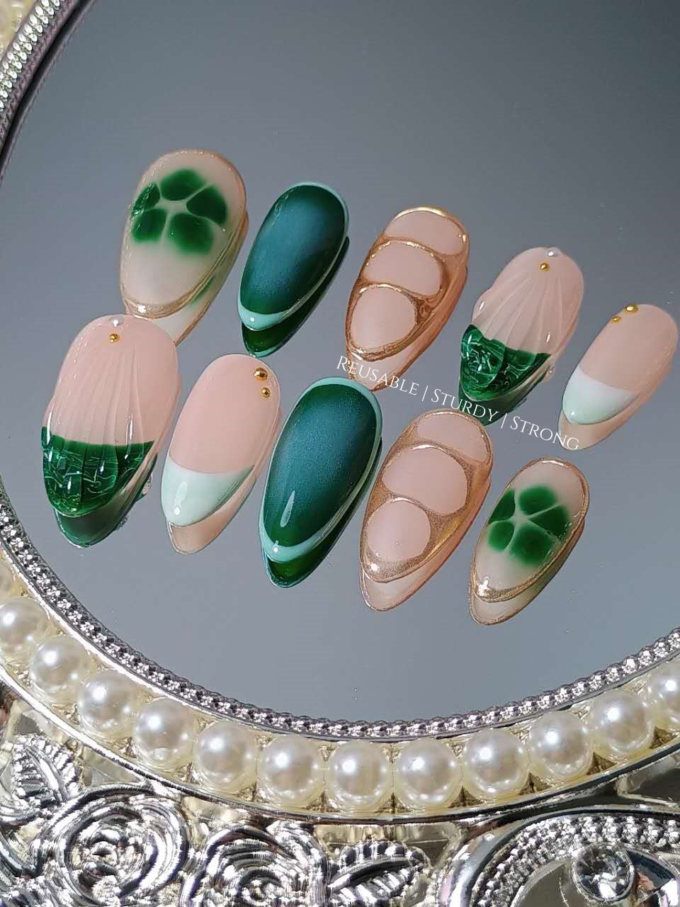 Classic Green Blooming Flower with Golden Chrome Nails