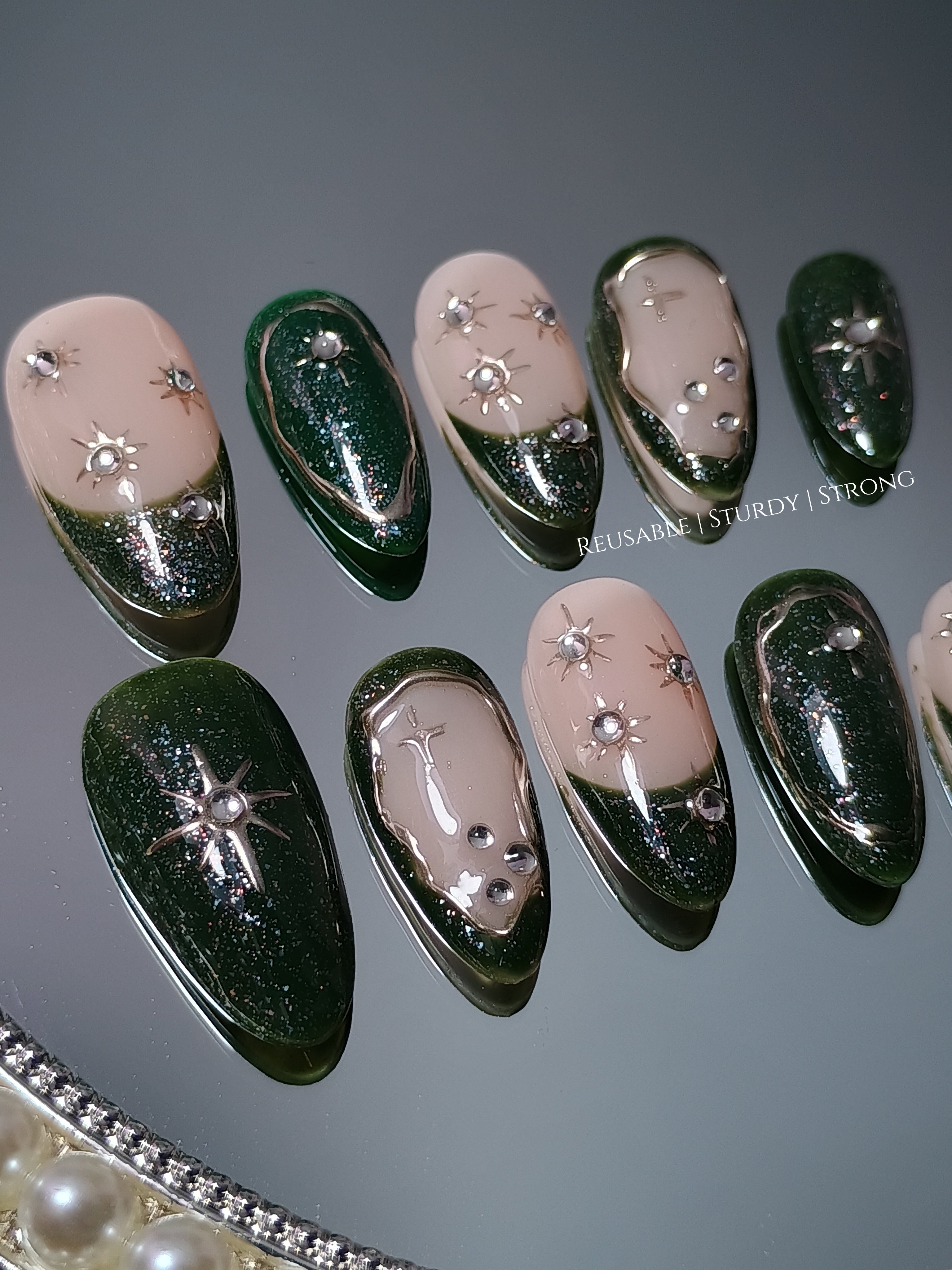 Dark Green Galaxy Celestial Press On Nails