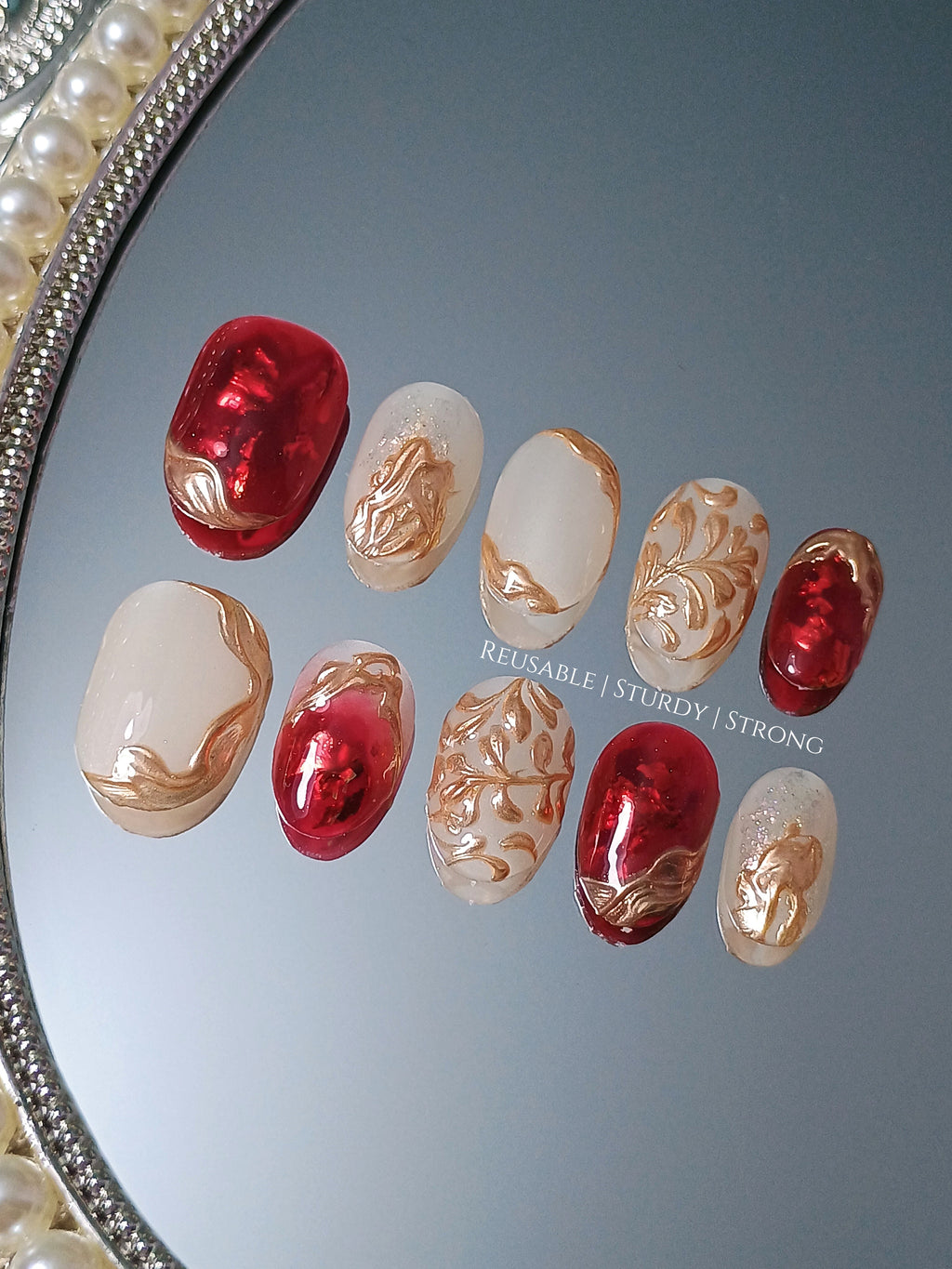 Opulent Red & Gold Leaf Luxe Nails