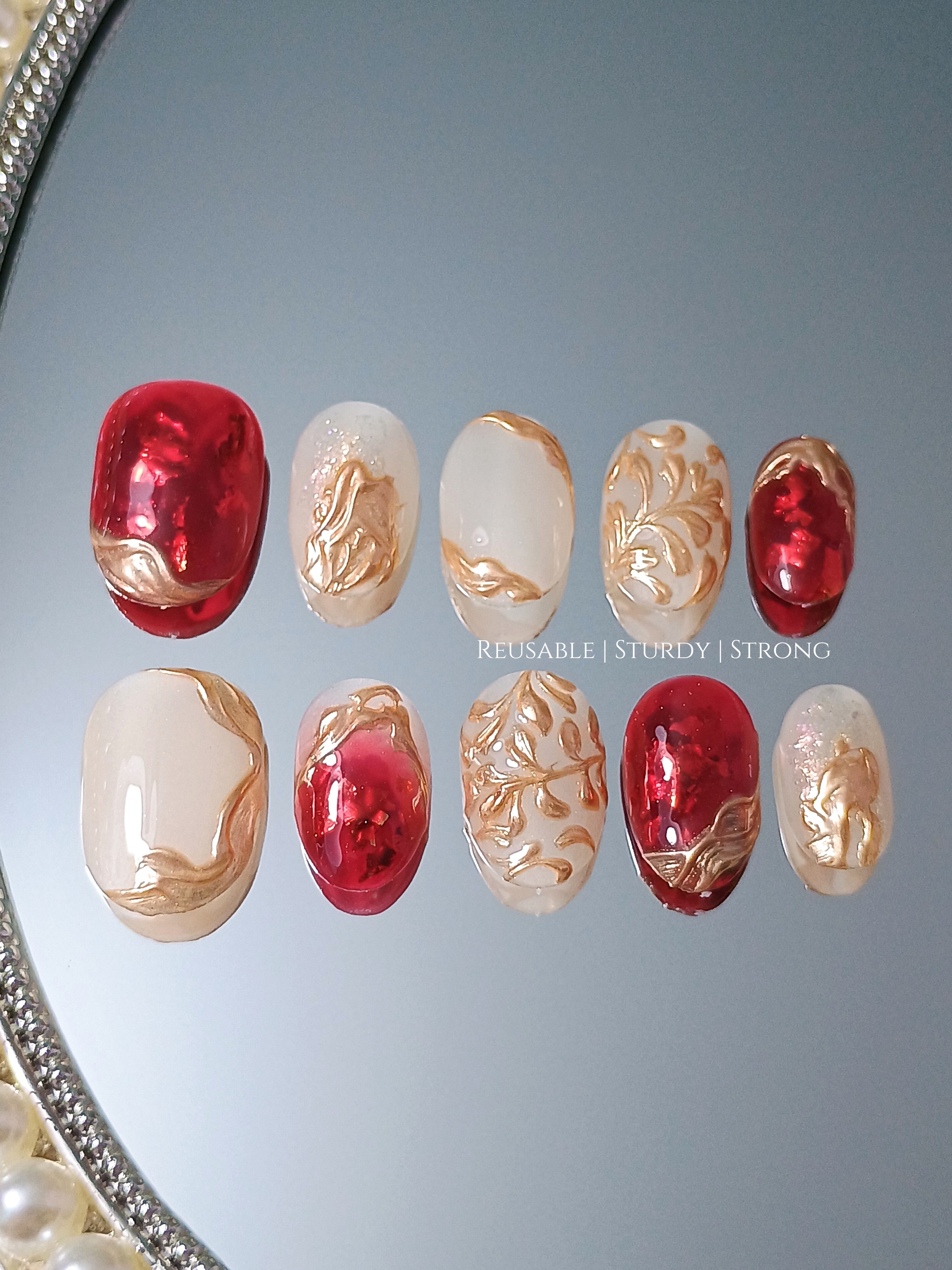 Opulent Red & Gold Leaf Luxe Nails
