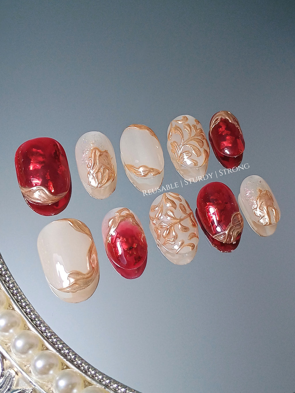 Opulent Red & Gold Leaf Luxe Nails