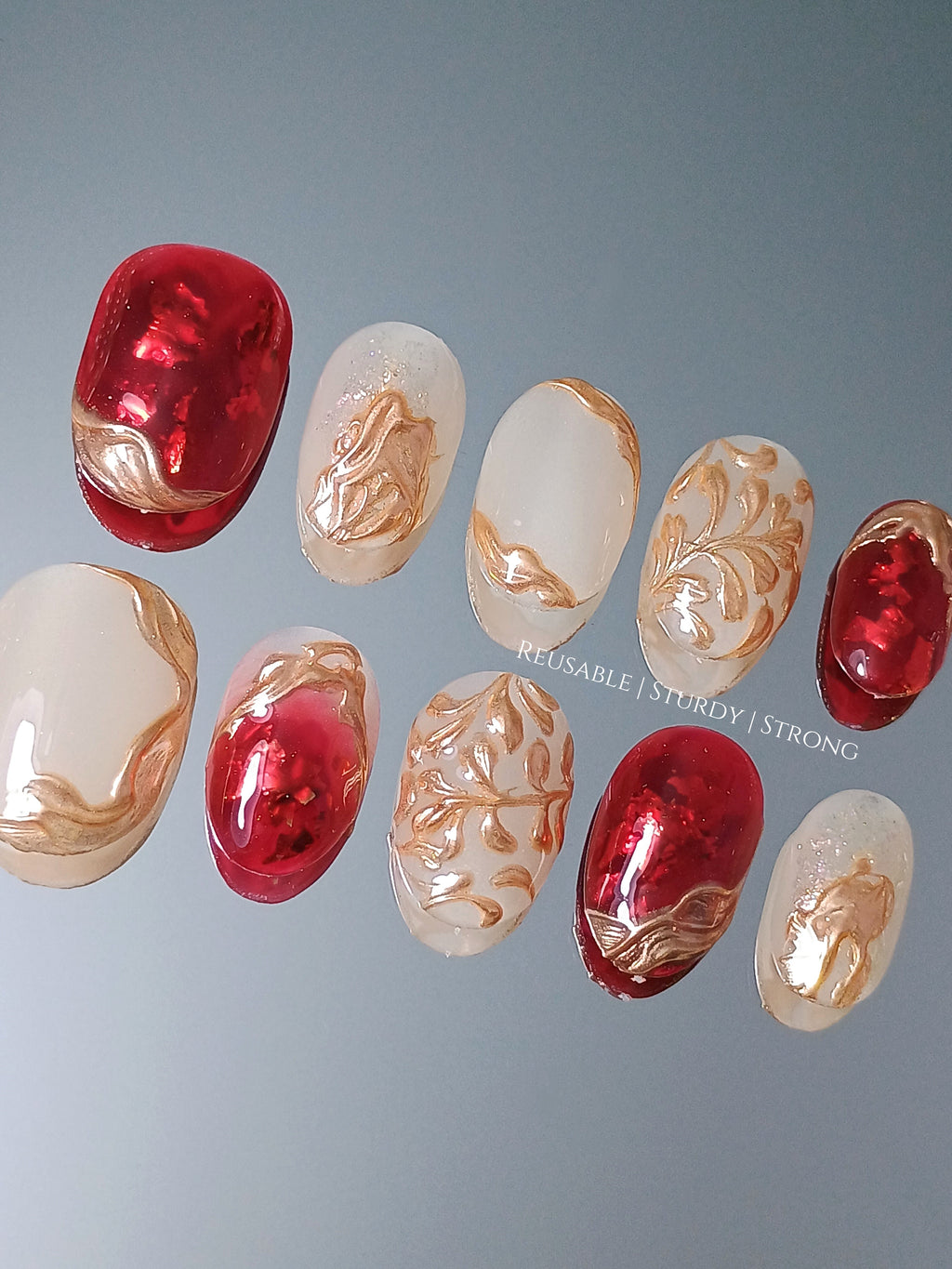 Opulent Red & Gold Leaf Luxe Nails