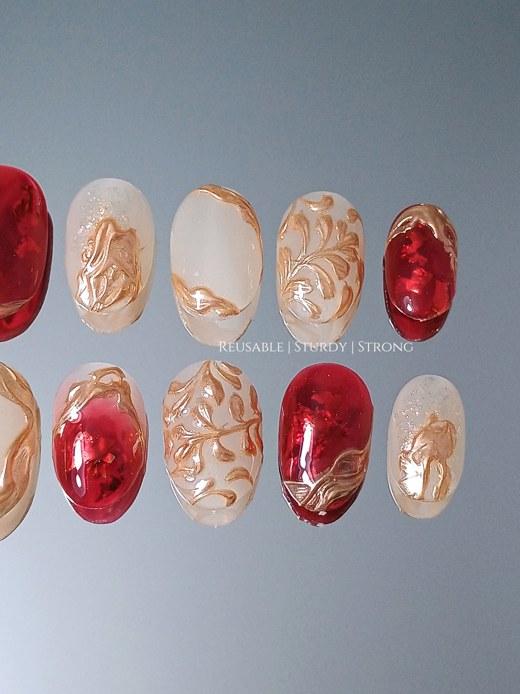 Opulent Red & Gold Leaf Luxe Nails
