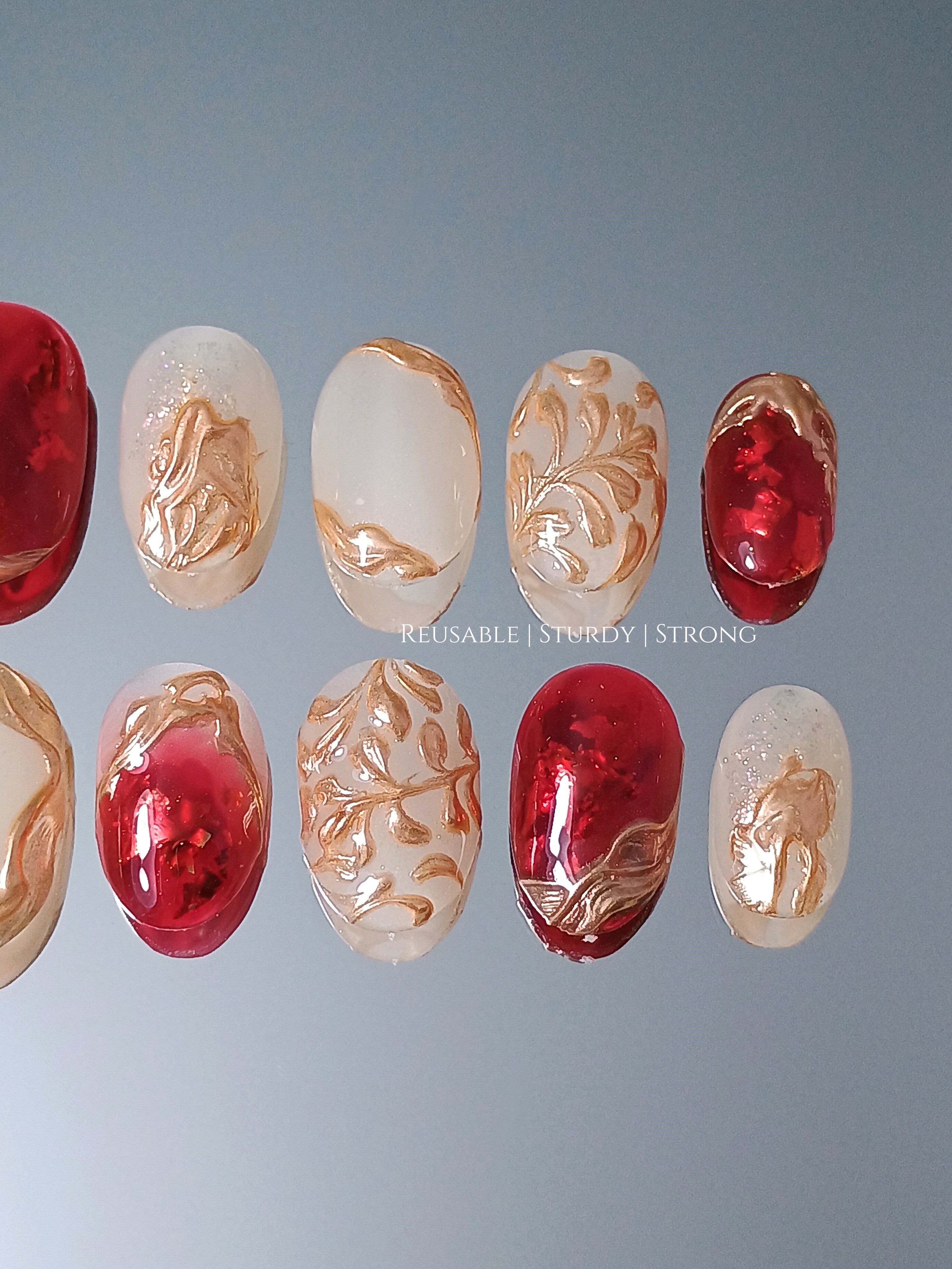 Opulent Red & Gold Leaf Luxe Nails