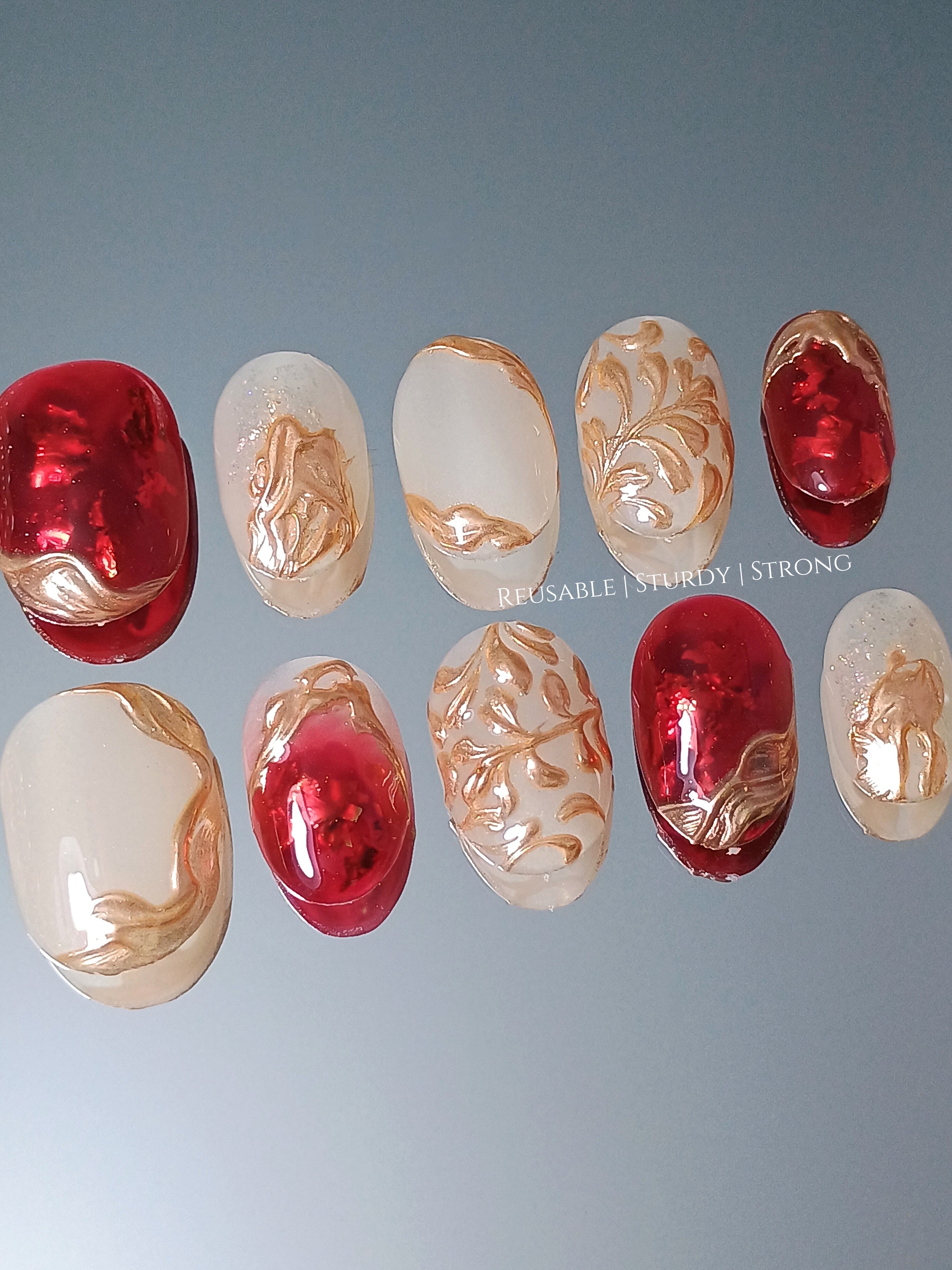Opulent Red & Gold Leaf Luxe Nails