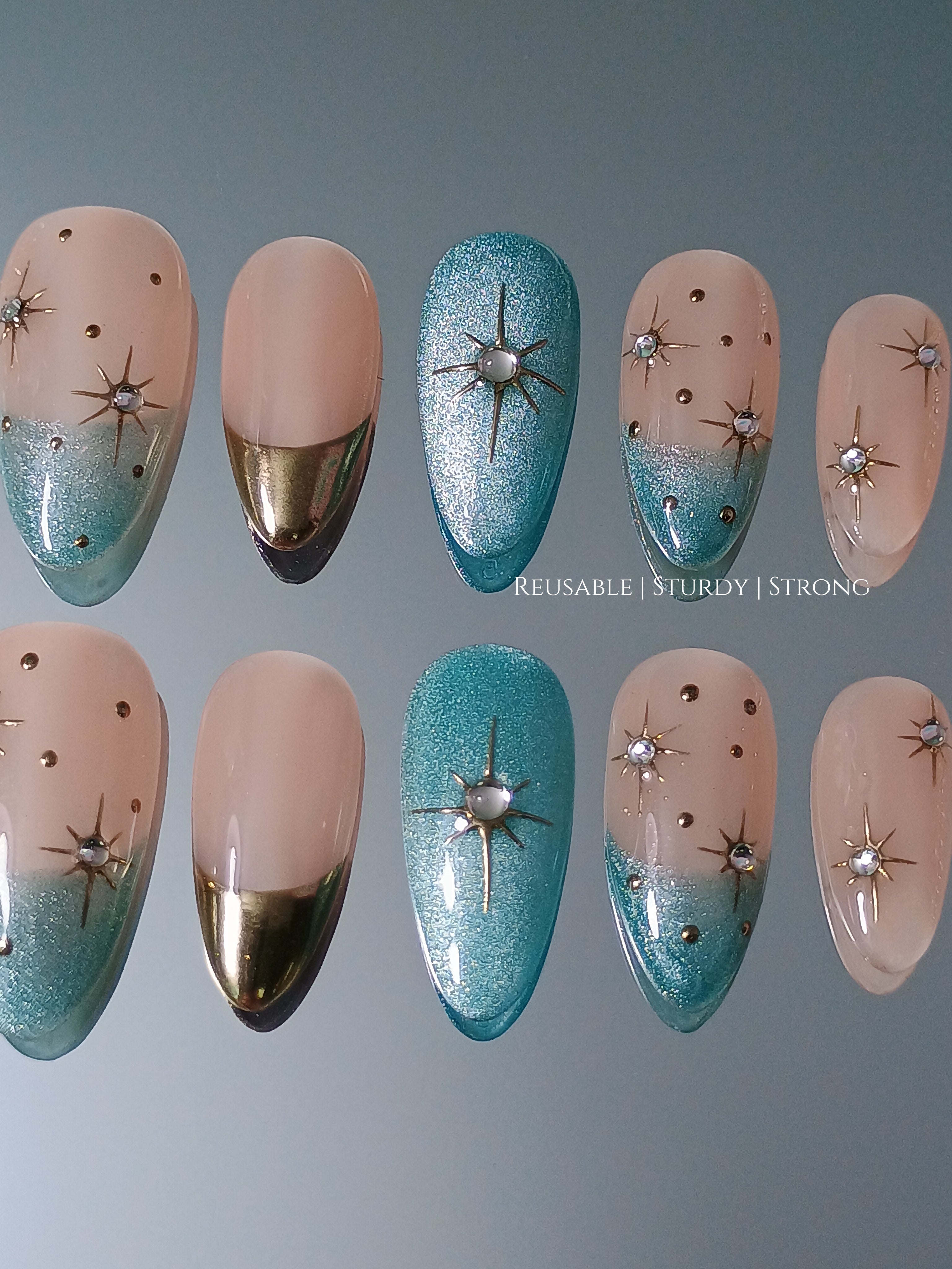 Galactic Radiance Gold & Teal French Nails, blue cat eye