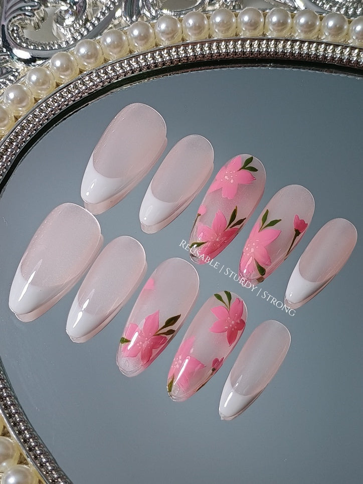 Neon Pink Flower and White French Tips