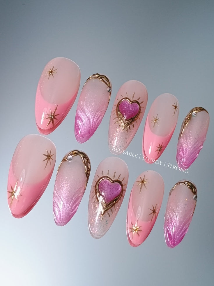 Dreamy Iridescent Cat Eye Heart Nails