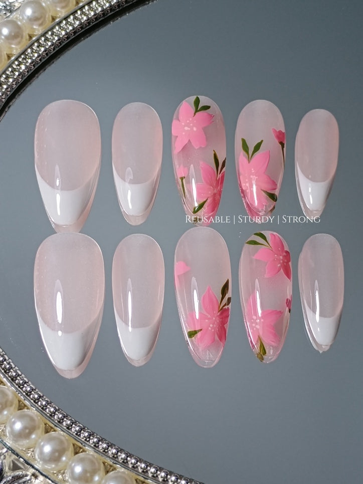 Neon Pink Flower and White French Tips