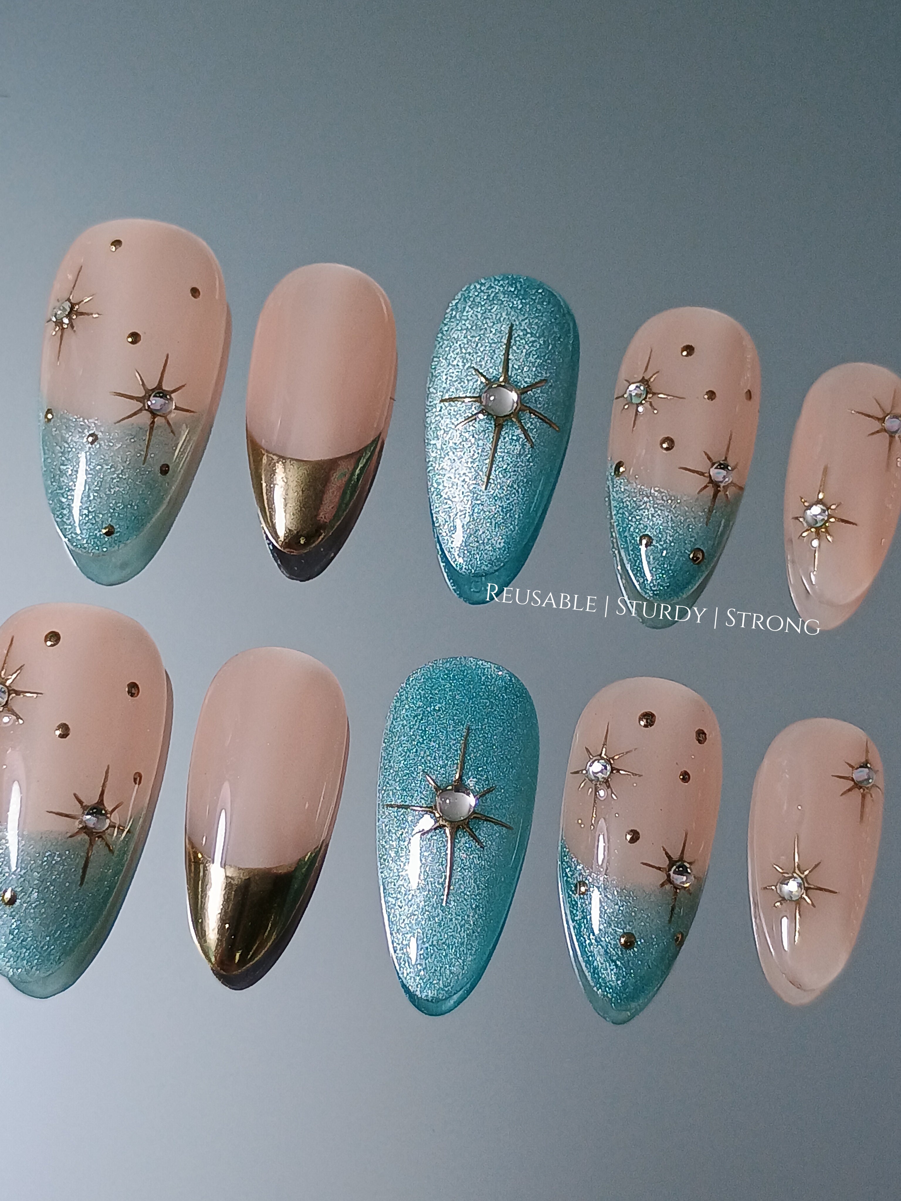 Galactic Radiance Gold & Teal French Nails, blue cat eye