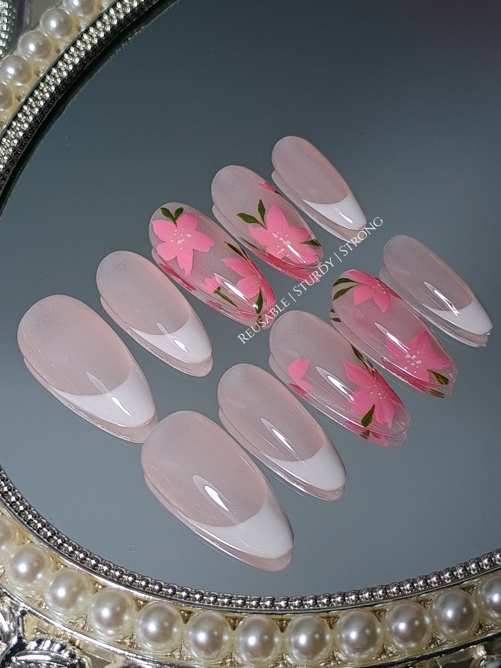 Neon Pink Flower and White French Tips