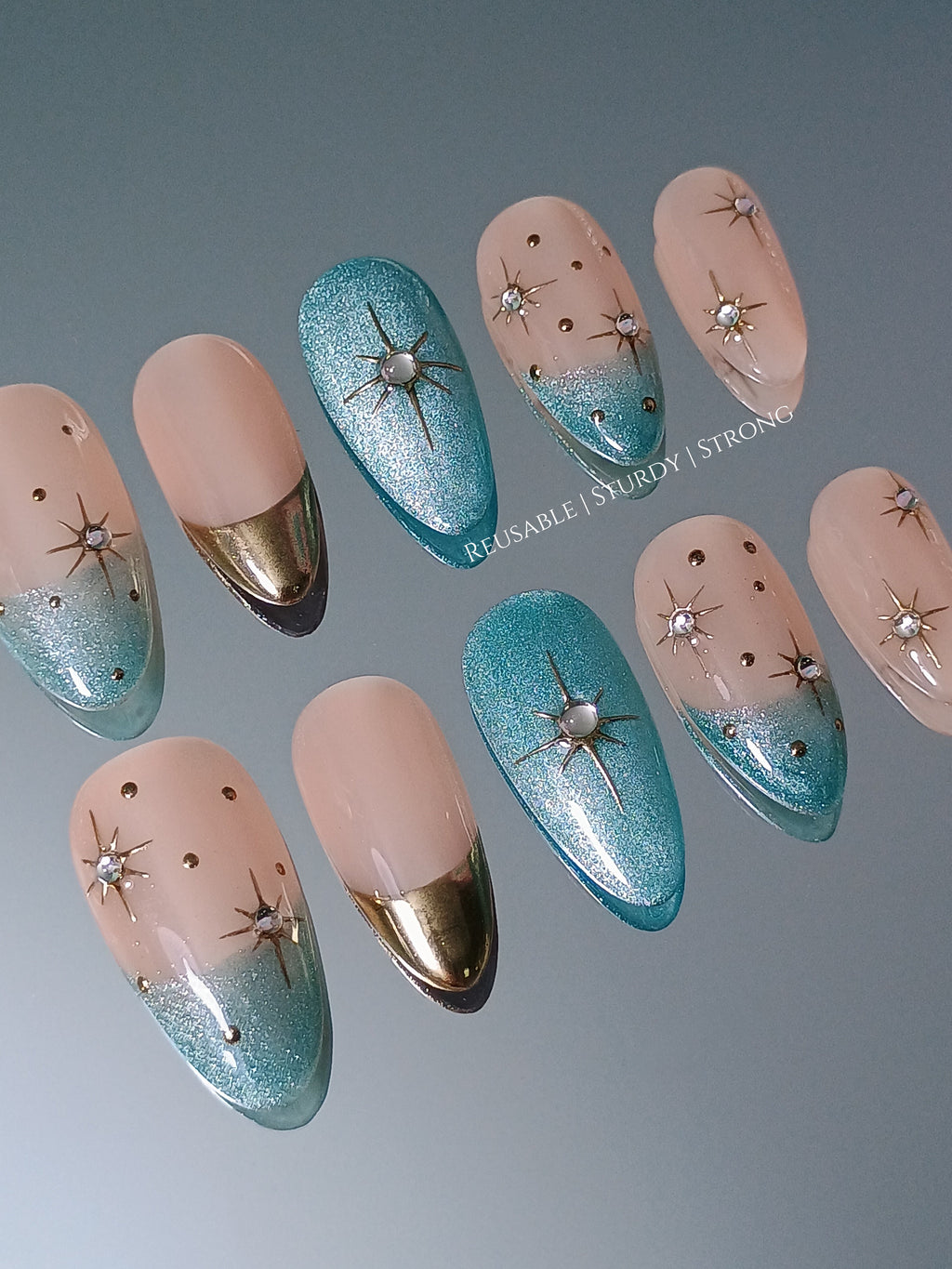 Galactic Radiance Gold & Teal French Nails, blue cat eye