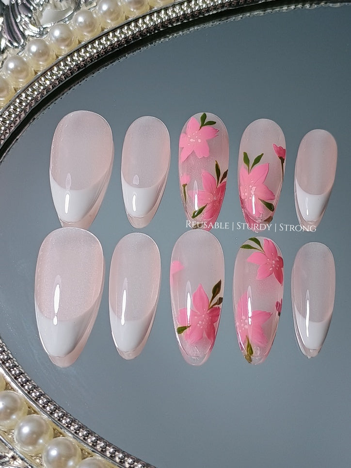 Neon Pink Flower and White French Tips