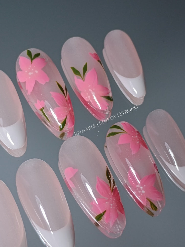 Neon Pink Flower and White French Tips