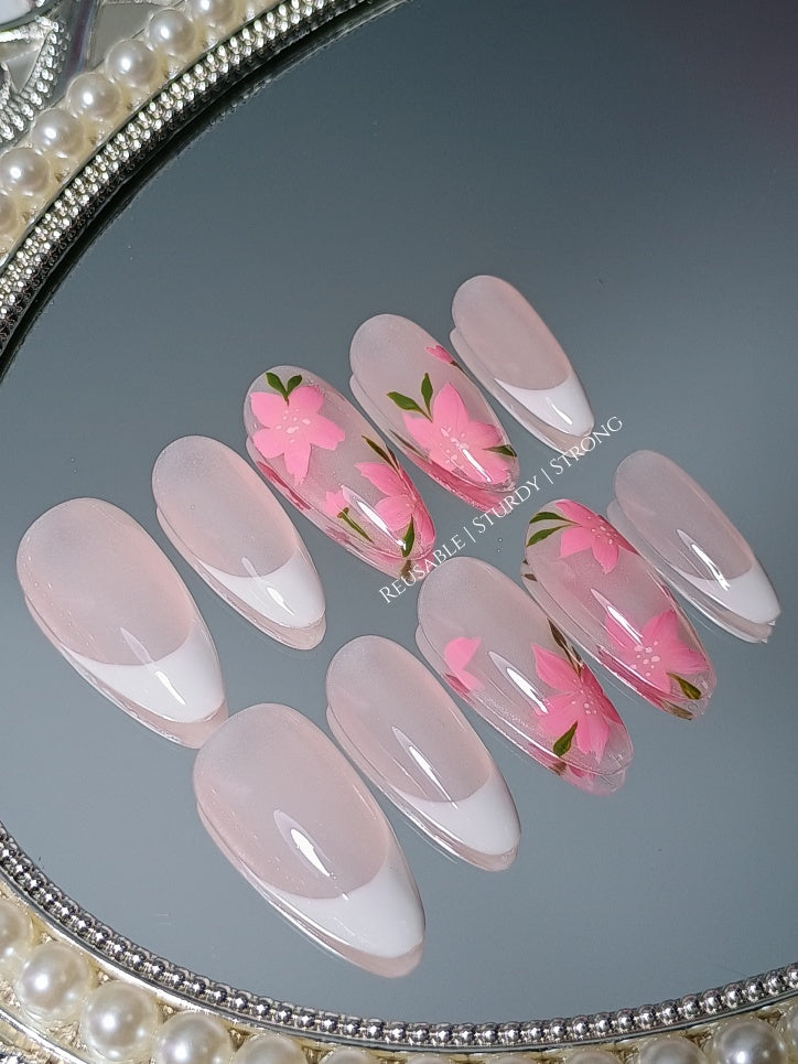 Neon Pink Flower and White French Tips