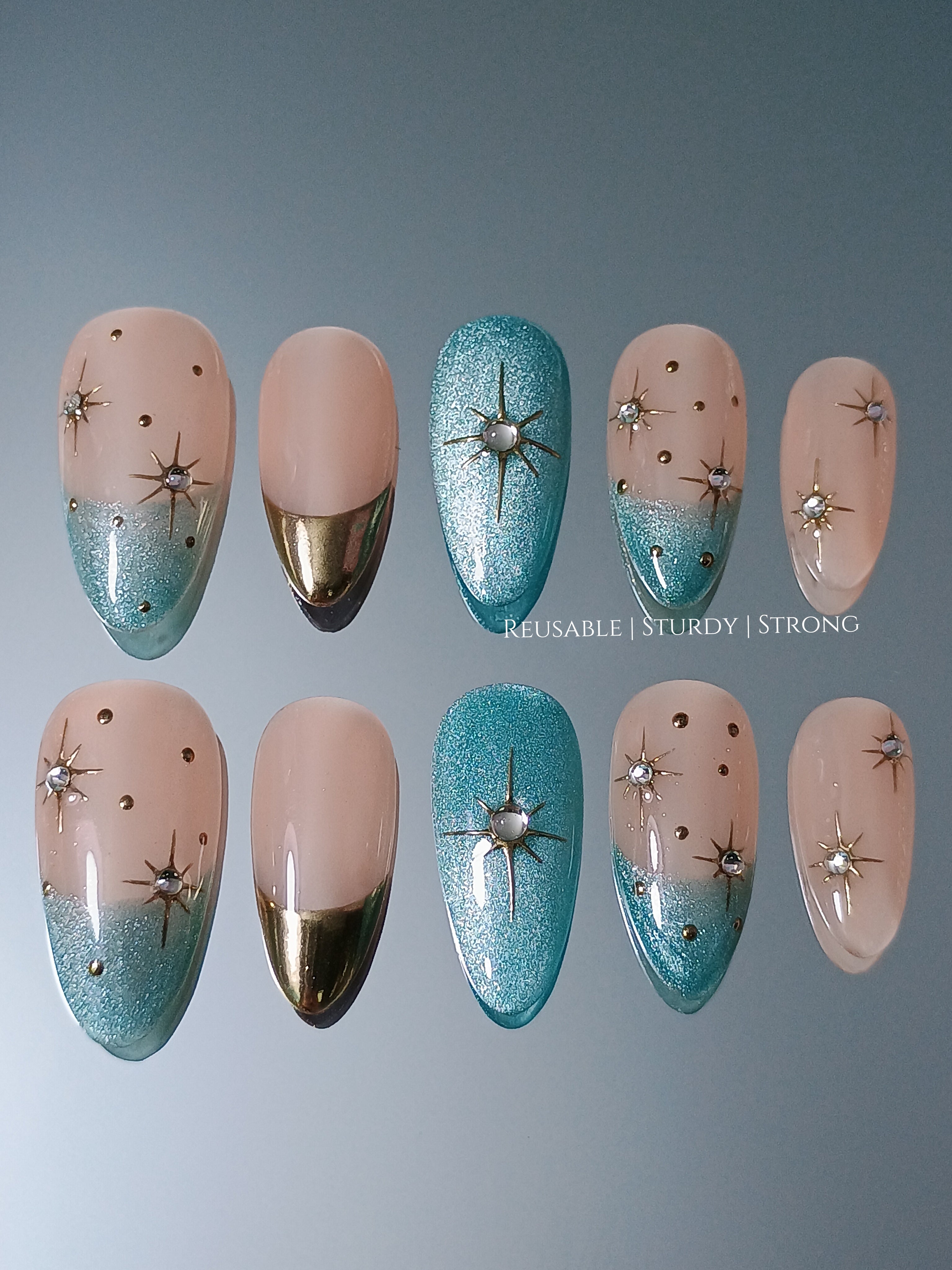 Galactic Radiance Gold & Teal French Nails, blue cat eye