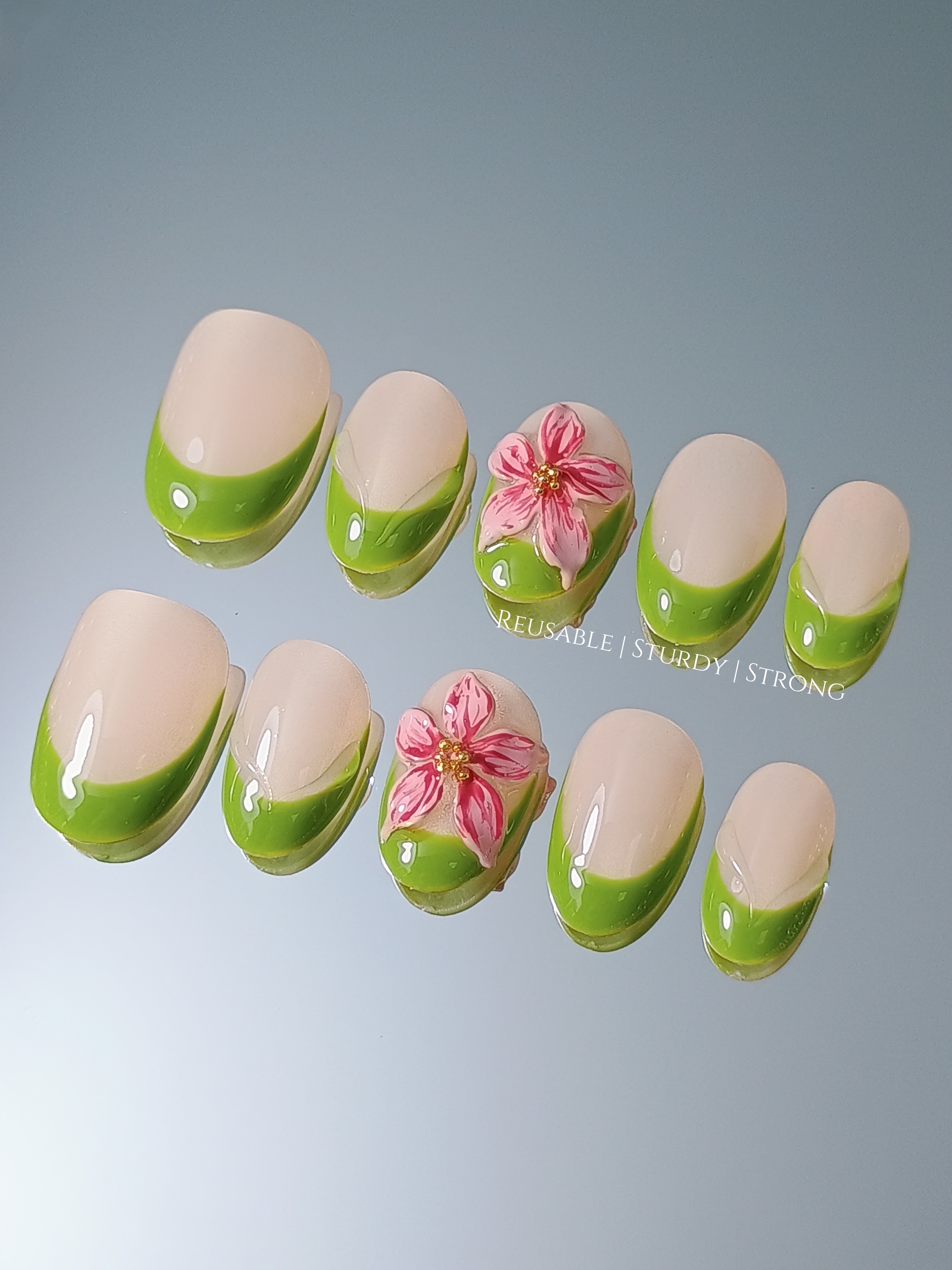 Short 3D Freestyle Leafy Blossom French Tips | premium