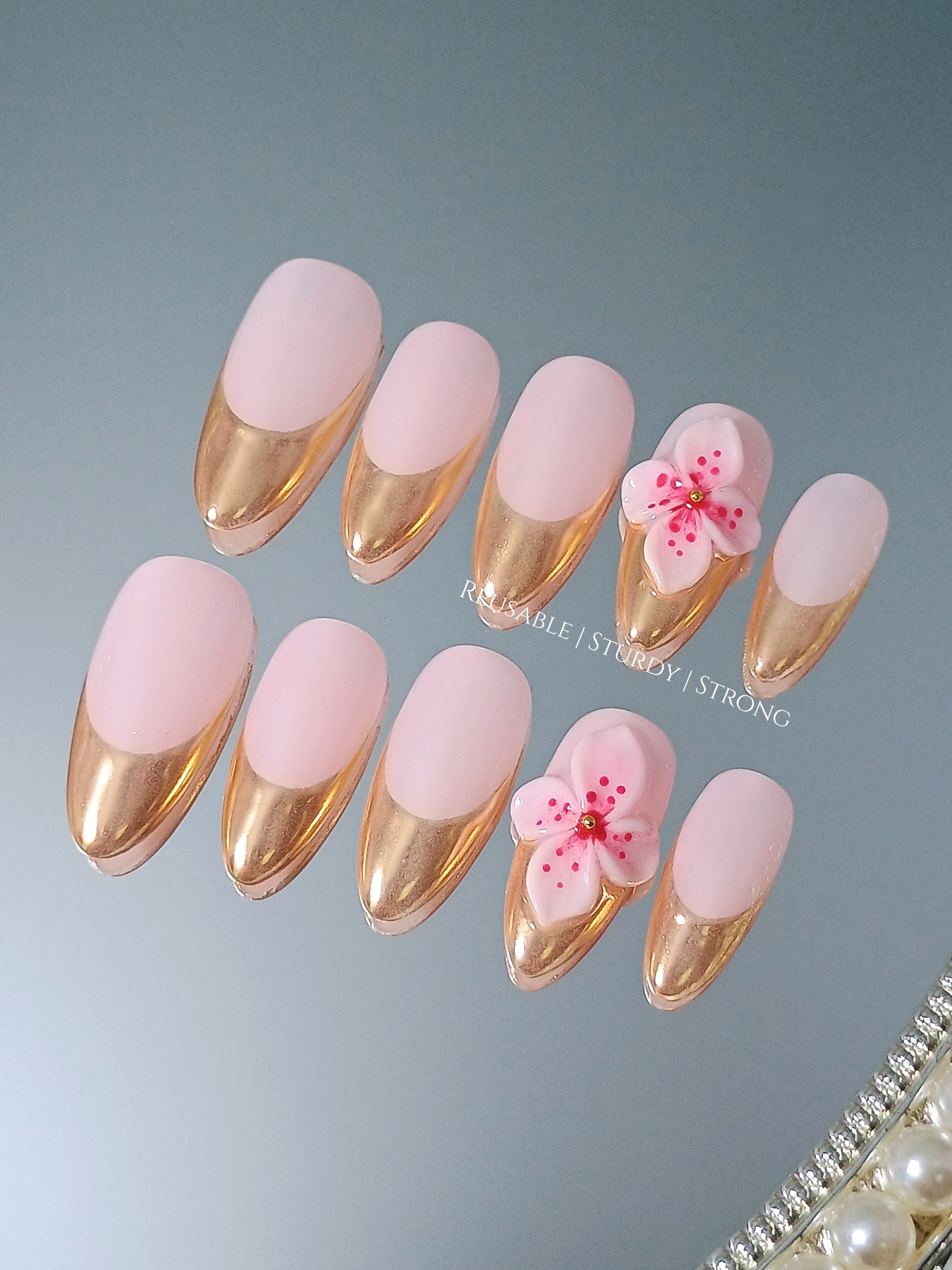 Delicate Floral Golden French Tips