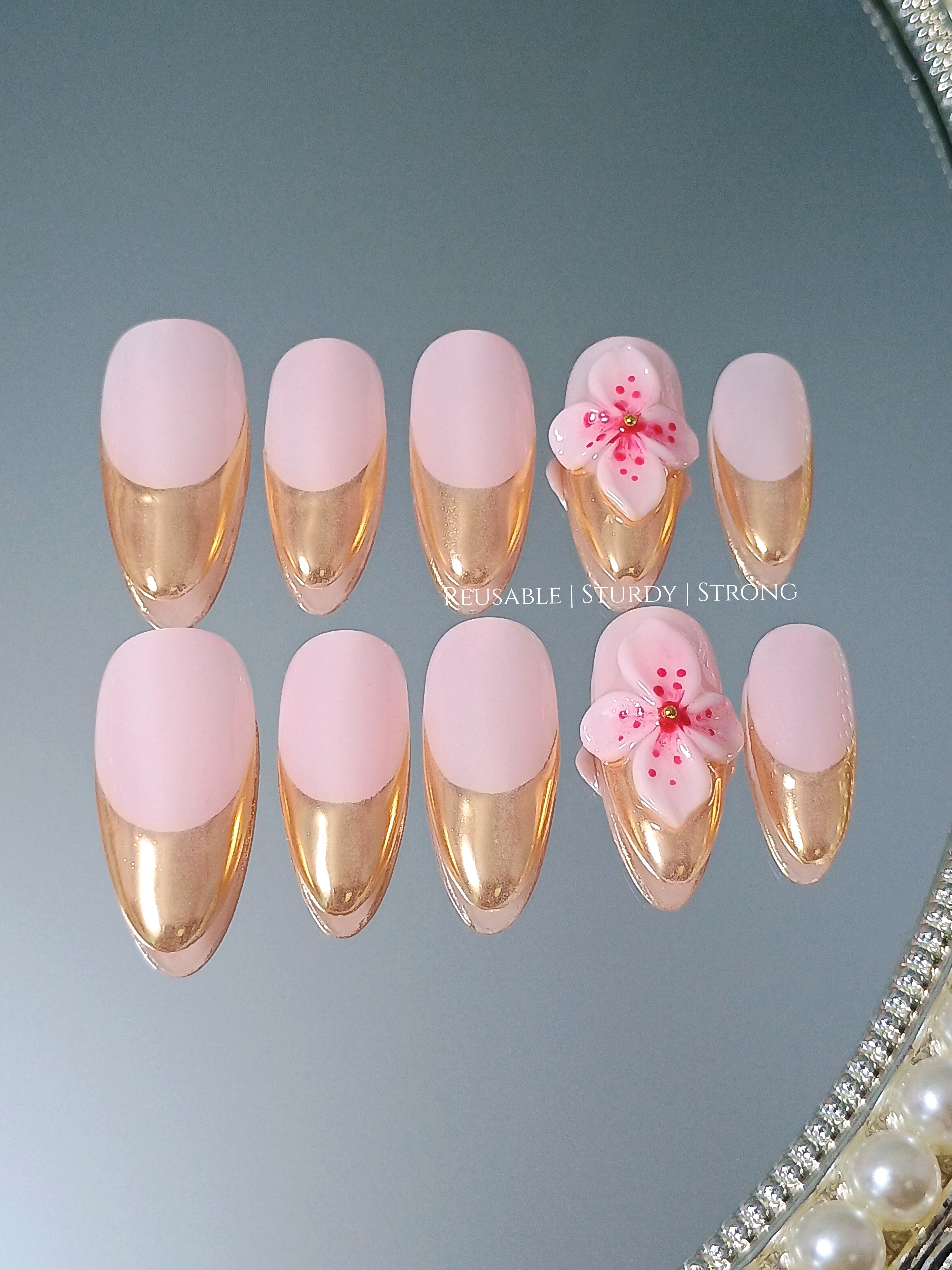 Delicate Floral Golden French Tips