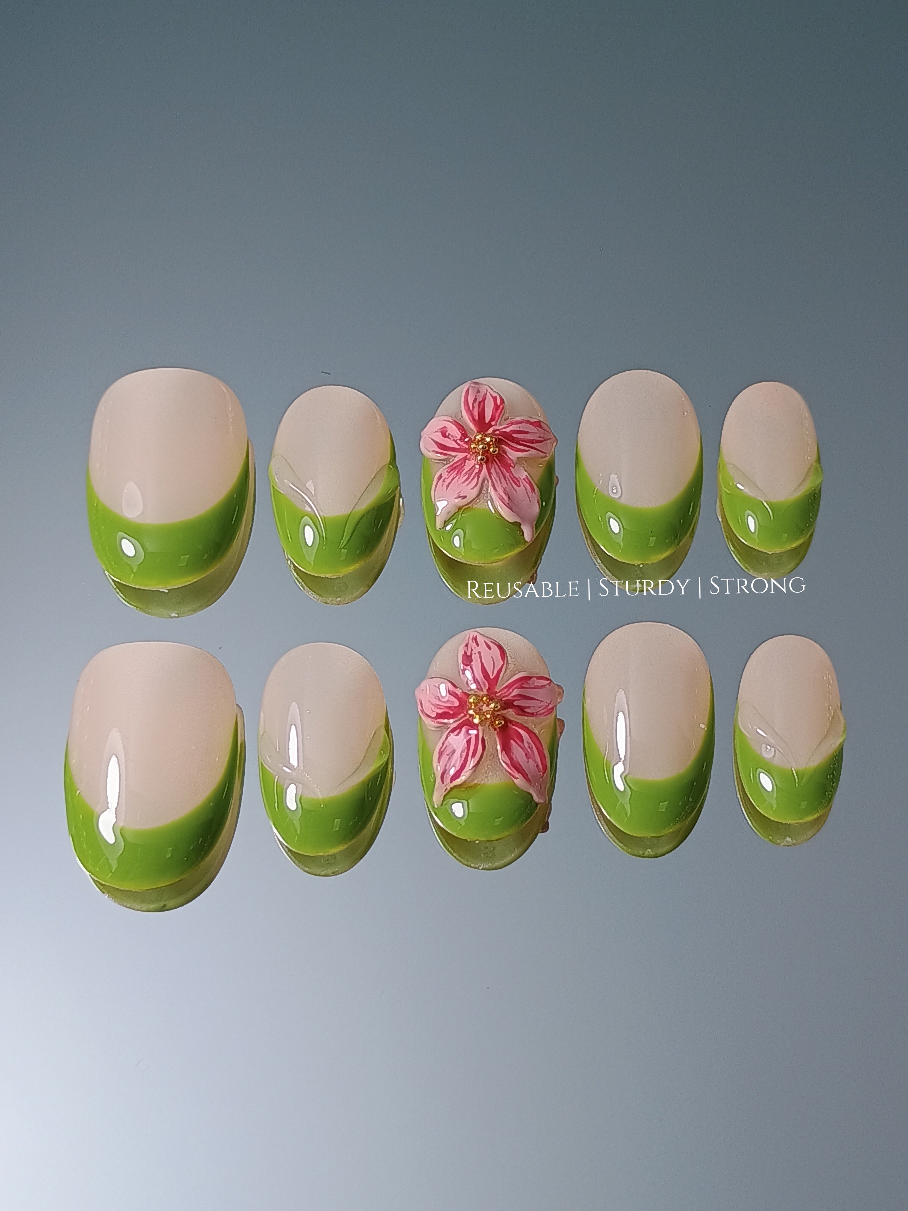Short 3D Freestyle Leafy Blossom French Tips | premium