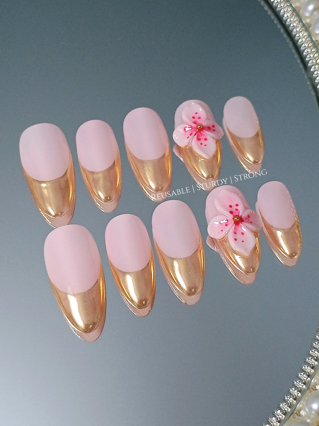 Delicate Floral Golden French Tips