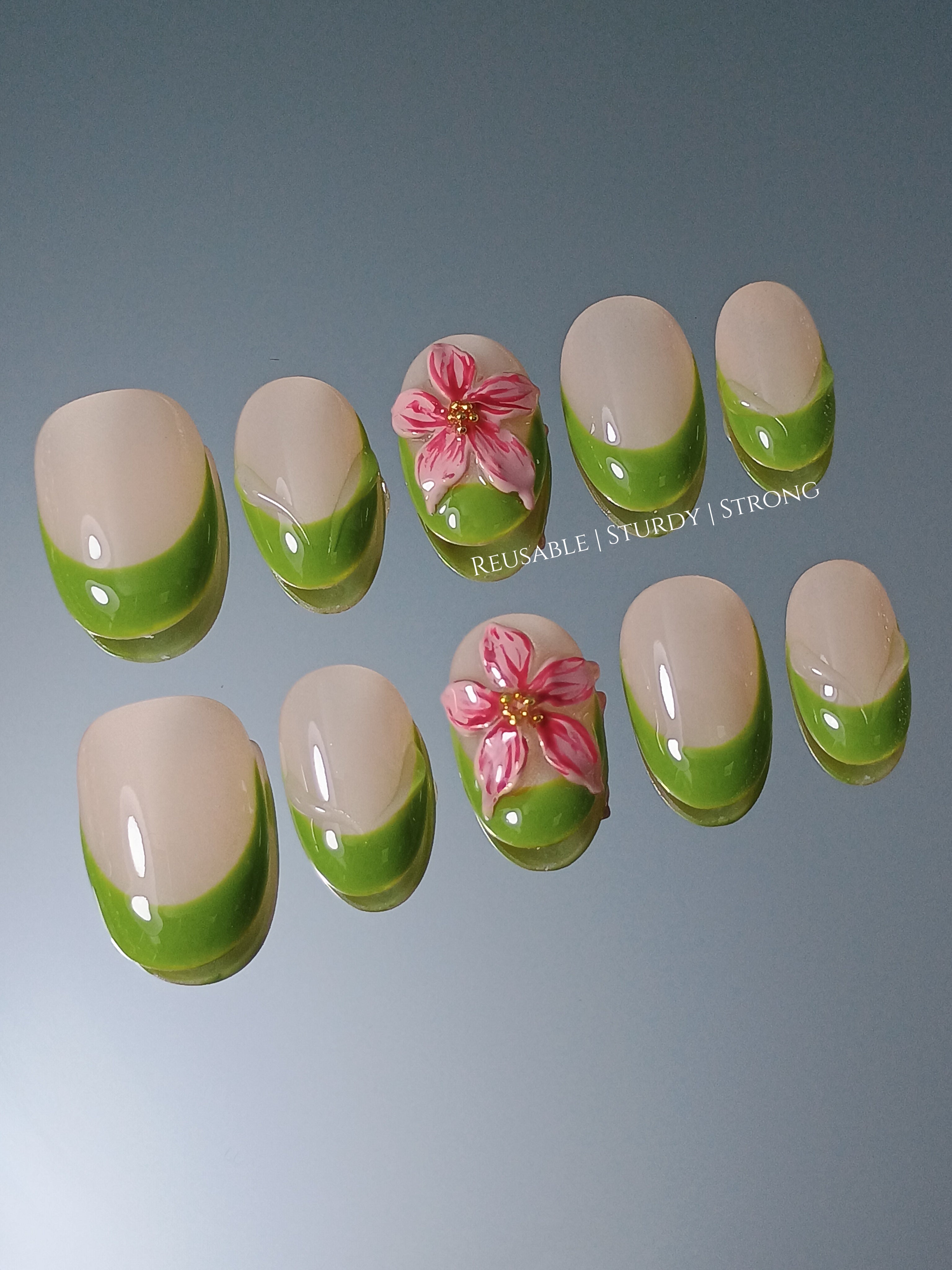 Short 3D Freestyle Leafy Blossom French Tips | premium