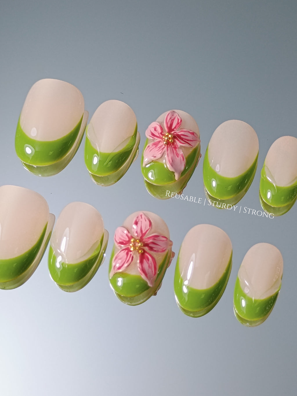 Short 3D Freestyle Leafy Blossom French Tips | premium