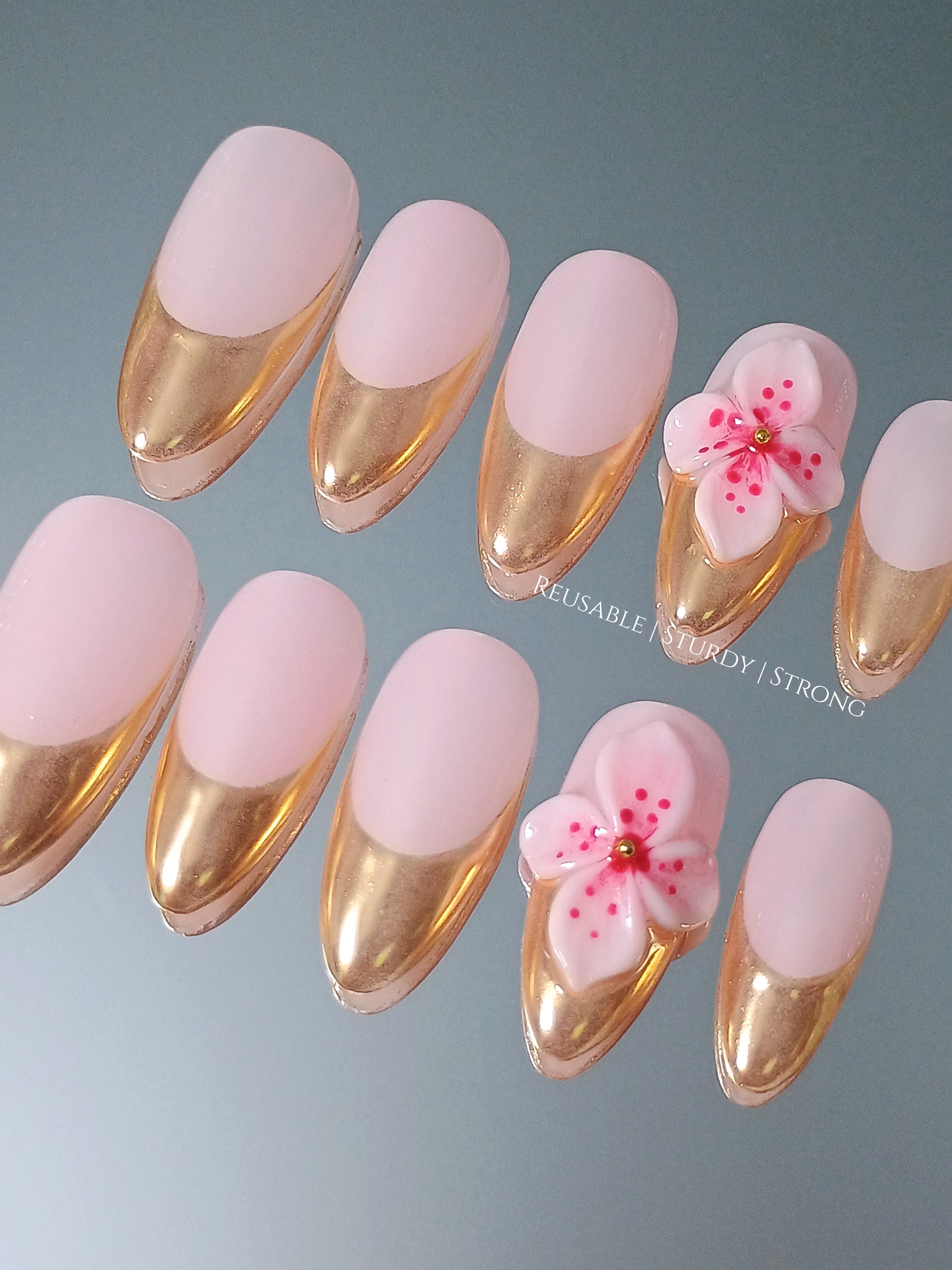 Delicate Floral Golden French Tips