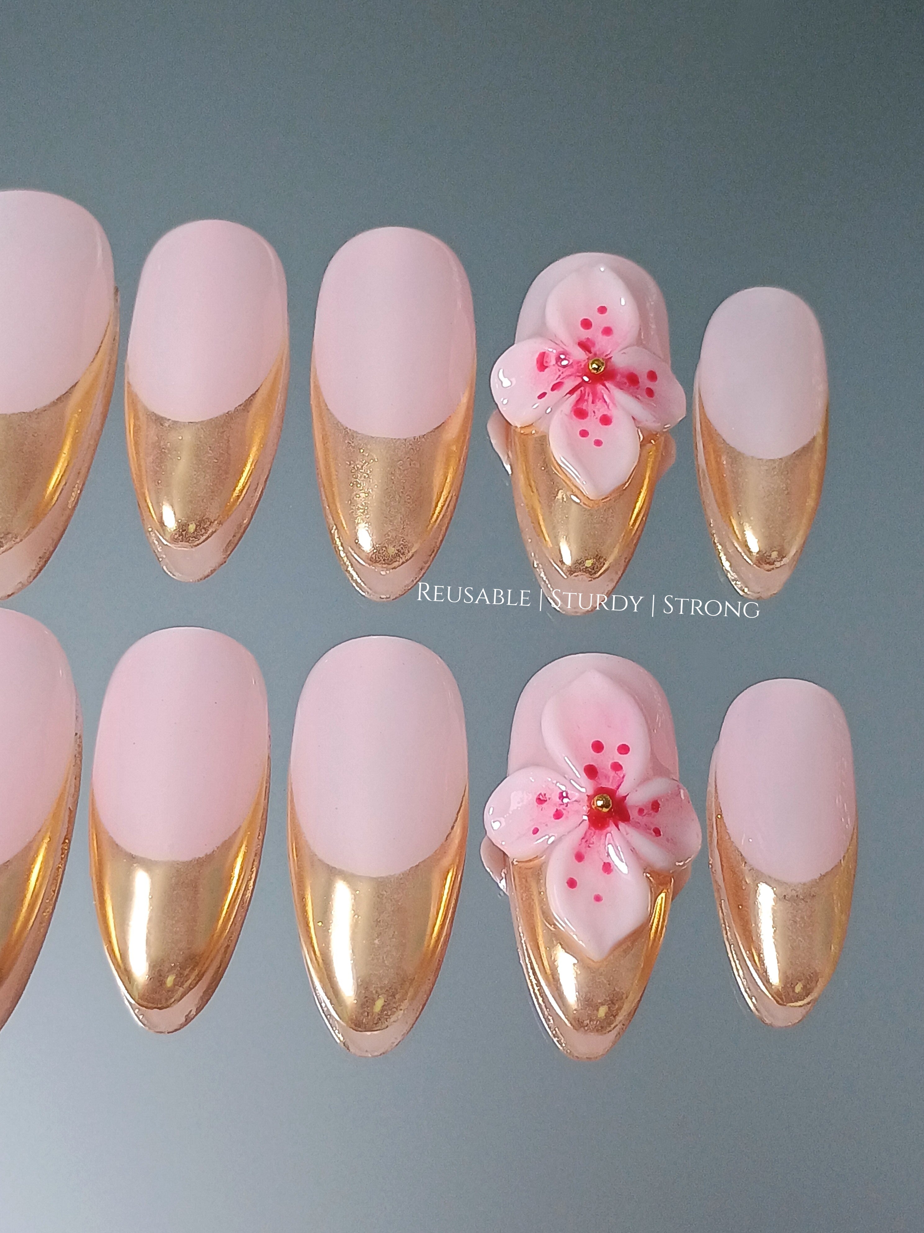 Delicate Floral Golden French Tips