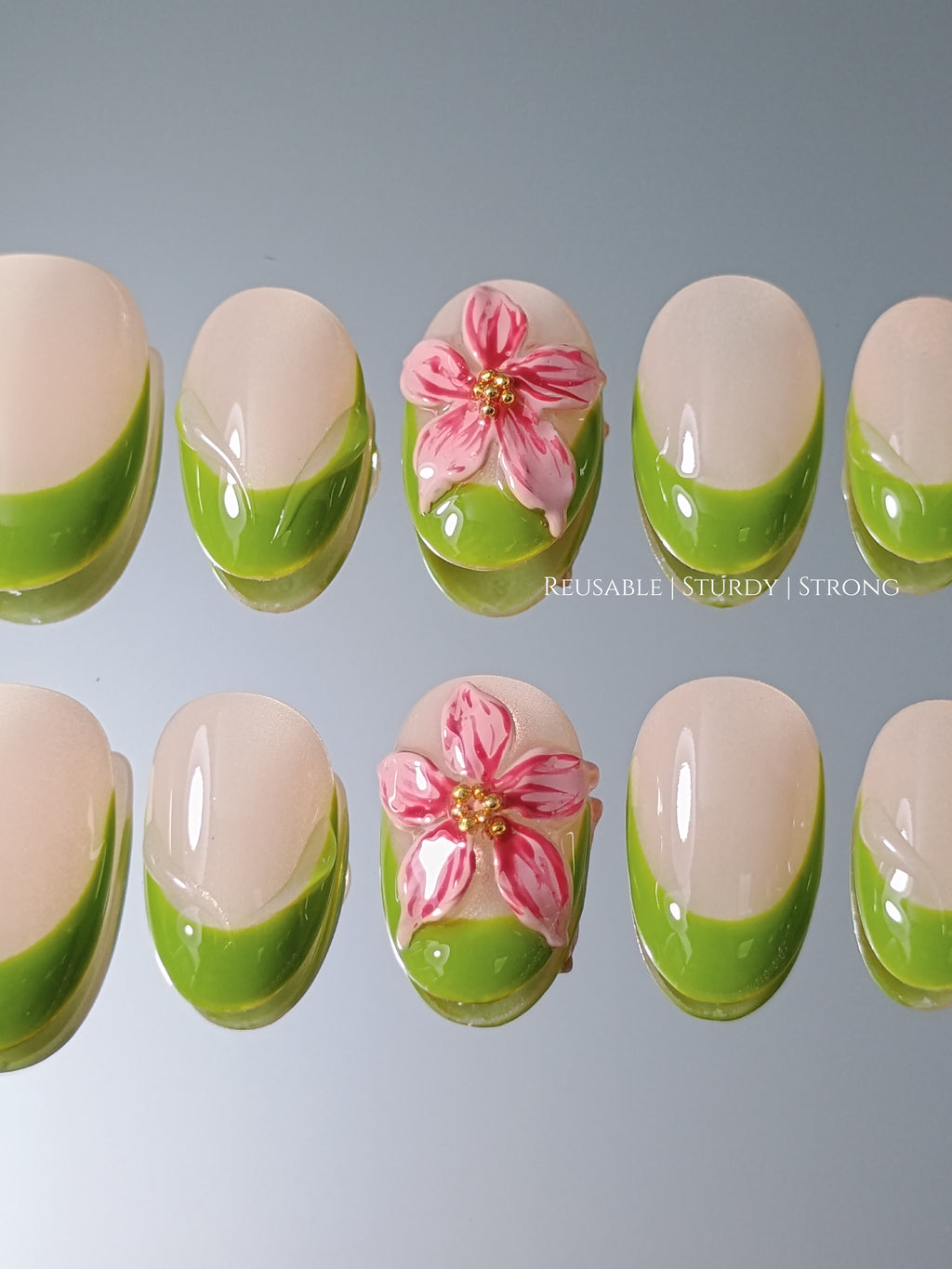 Short 3D Freestyle Leafy Blossom French Tips | premium