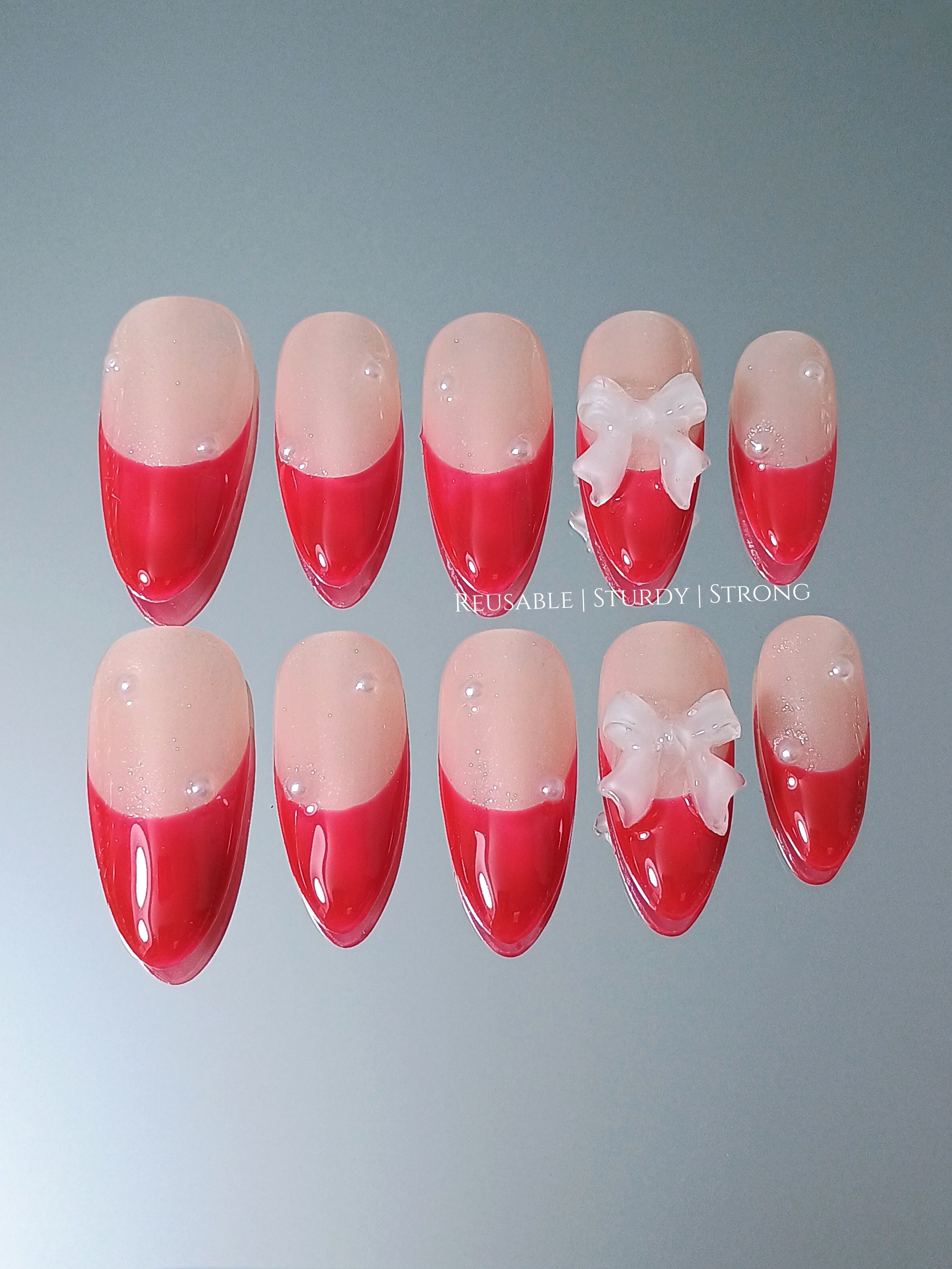 Elegant Red Solid Pearl Fingertips
