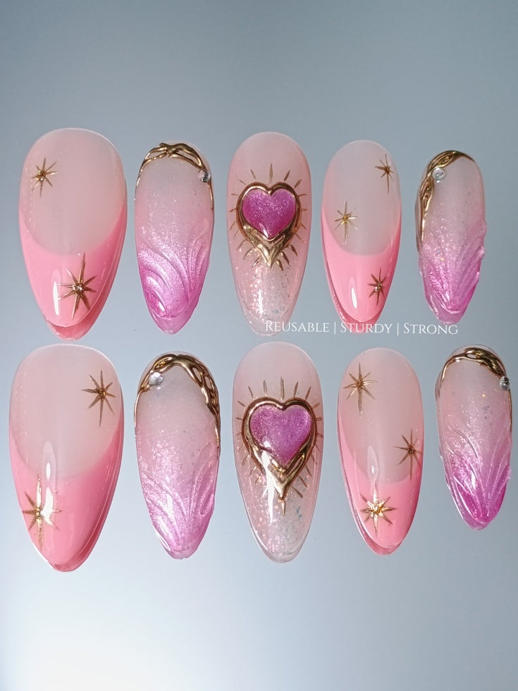Dreamy Iridescent Cat Eye Heart Nails