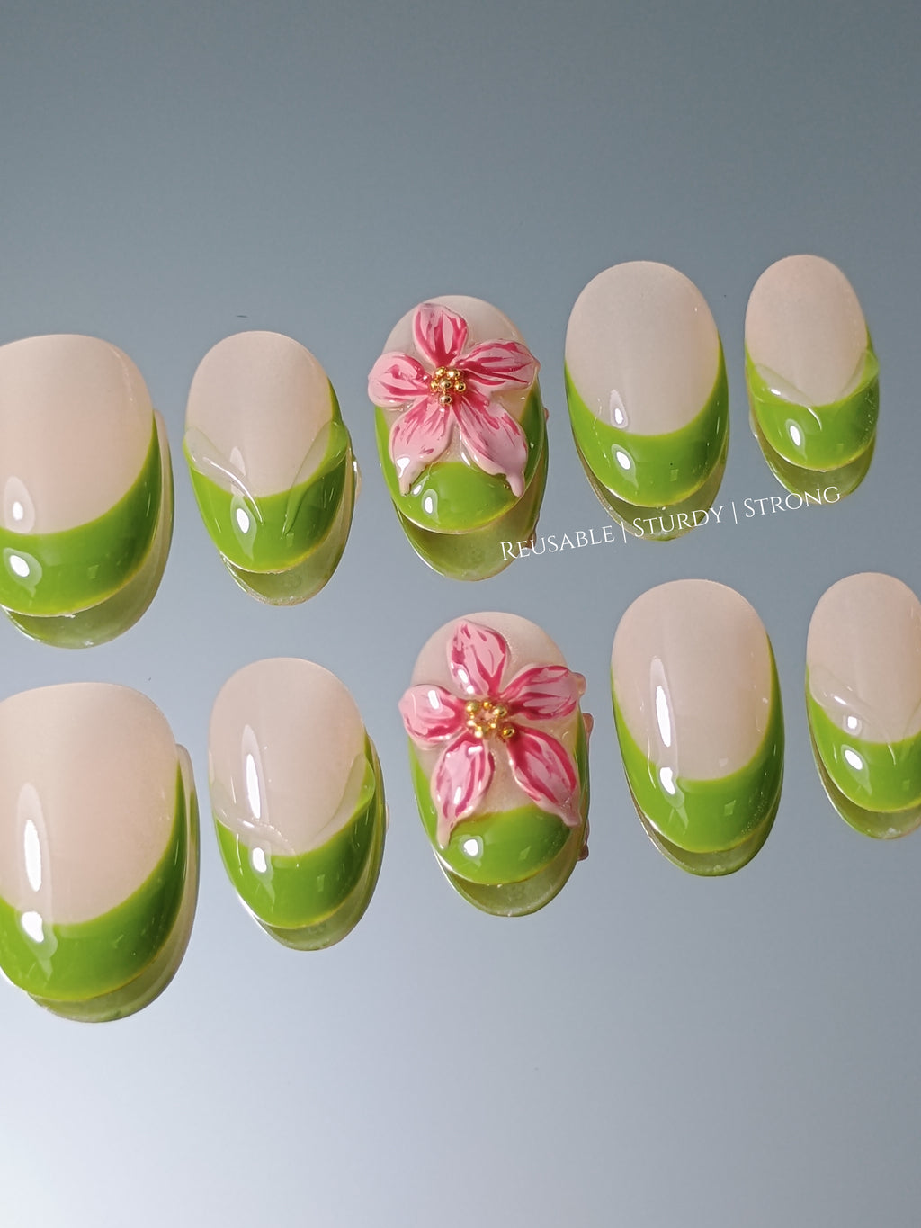 Short 3D Freestyle Leafy Blossom French Tips | premium
