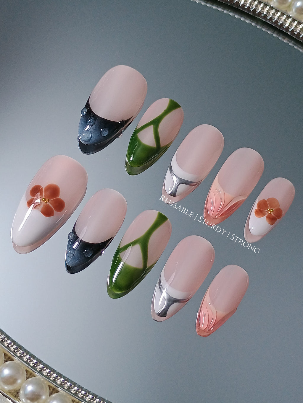 Modern Garden Mix Art Chrome Curve & Petal Touch Set Nails