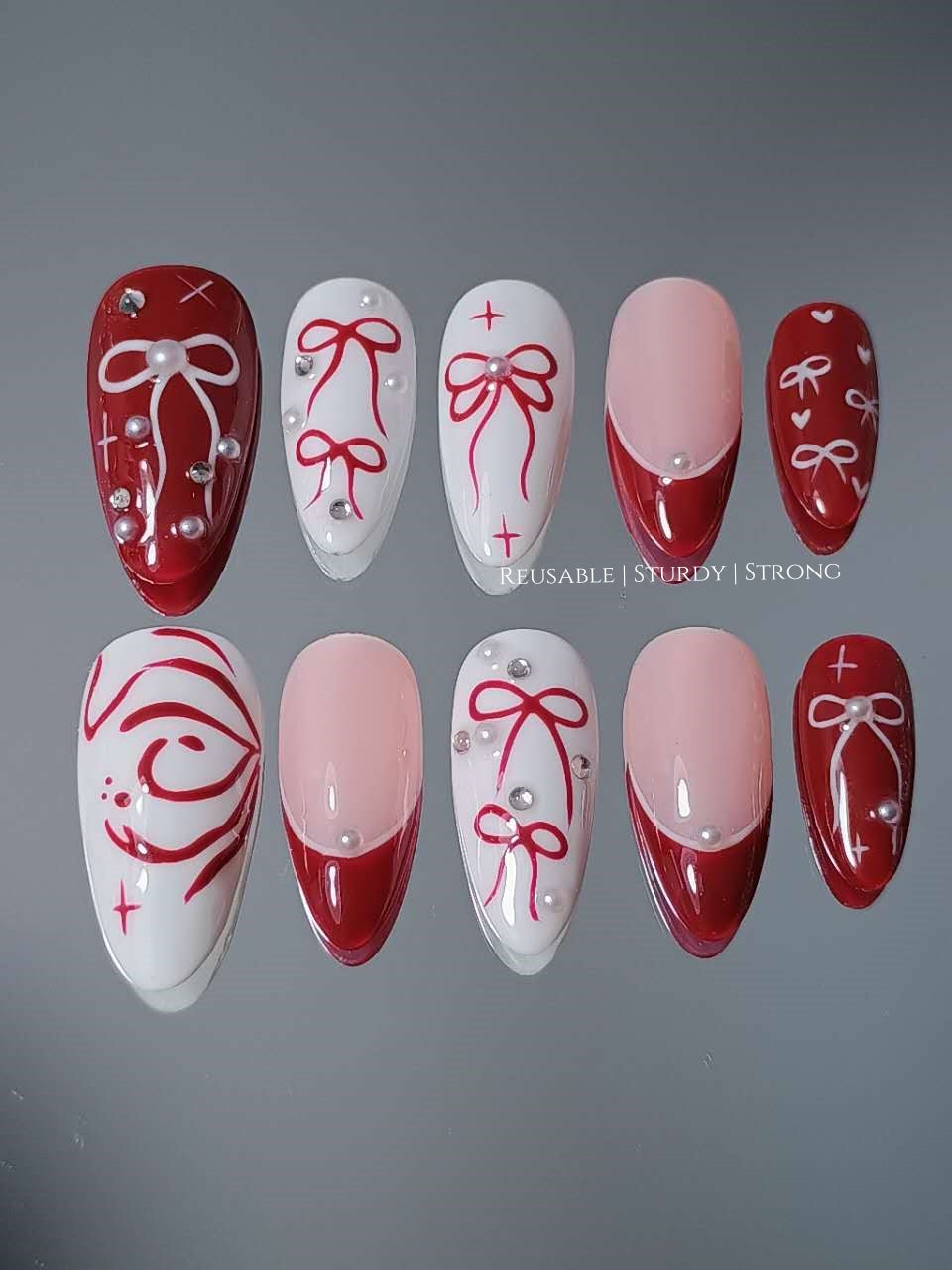 Girly Red Heart Bow Press On Nails