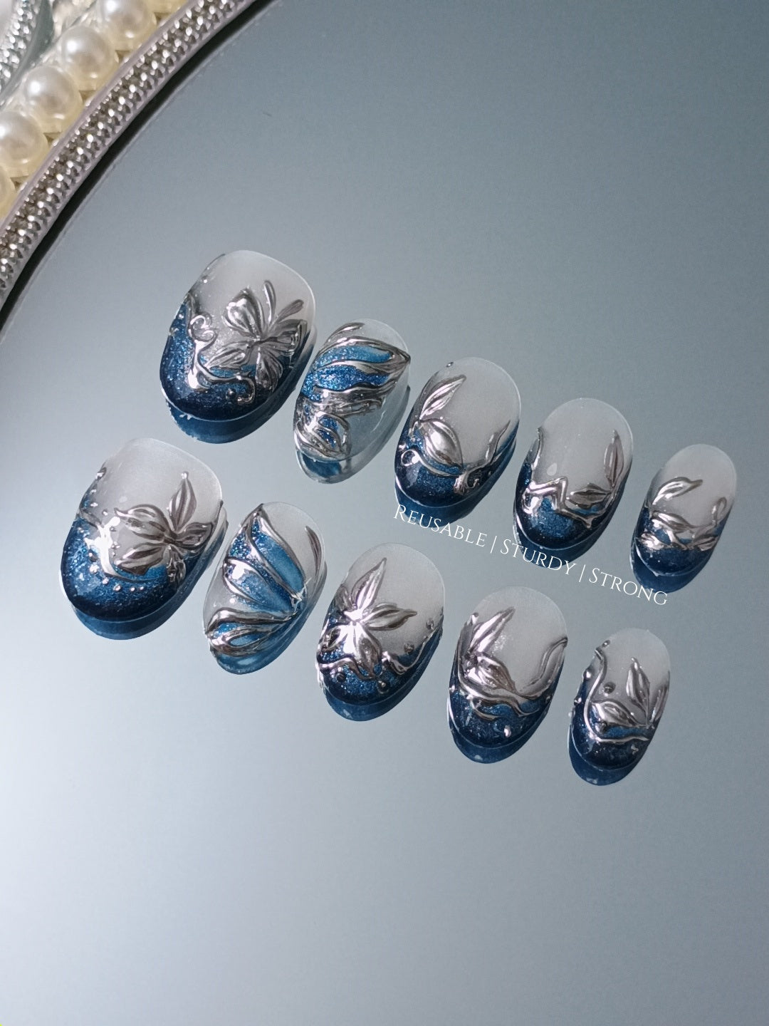 Sapphire Icy Metallic Floral Elegance | premium