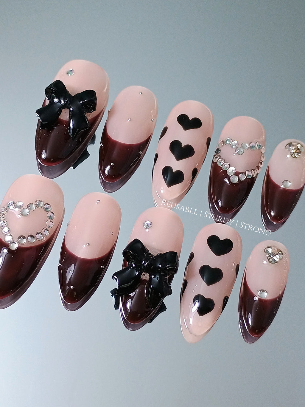 Diamond Heart and Burgundy French Tips