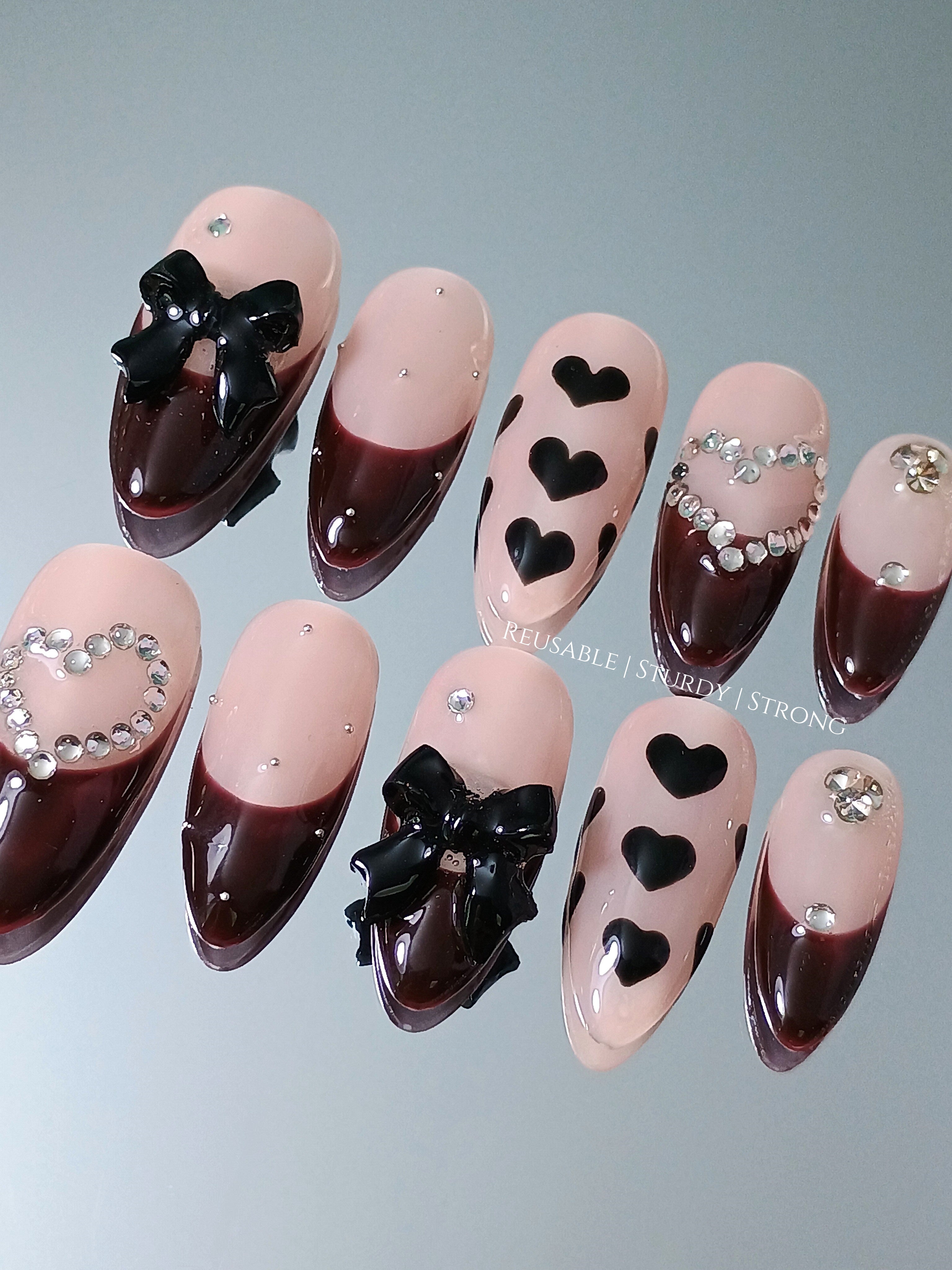 Diamond Heart and Burgundy French Tips