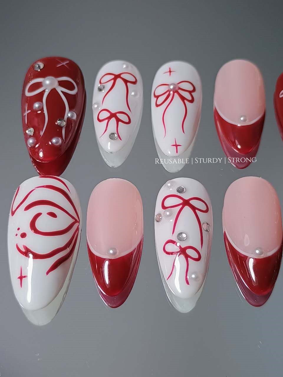 Girly Red Heart Bow Press On Nails