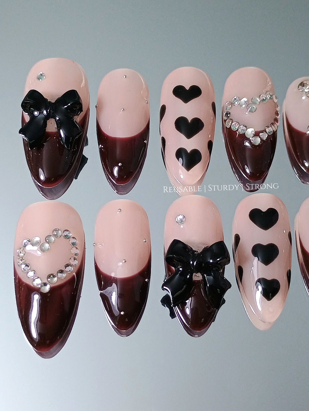 Diamond Heart and Burgundy French Tips