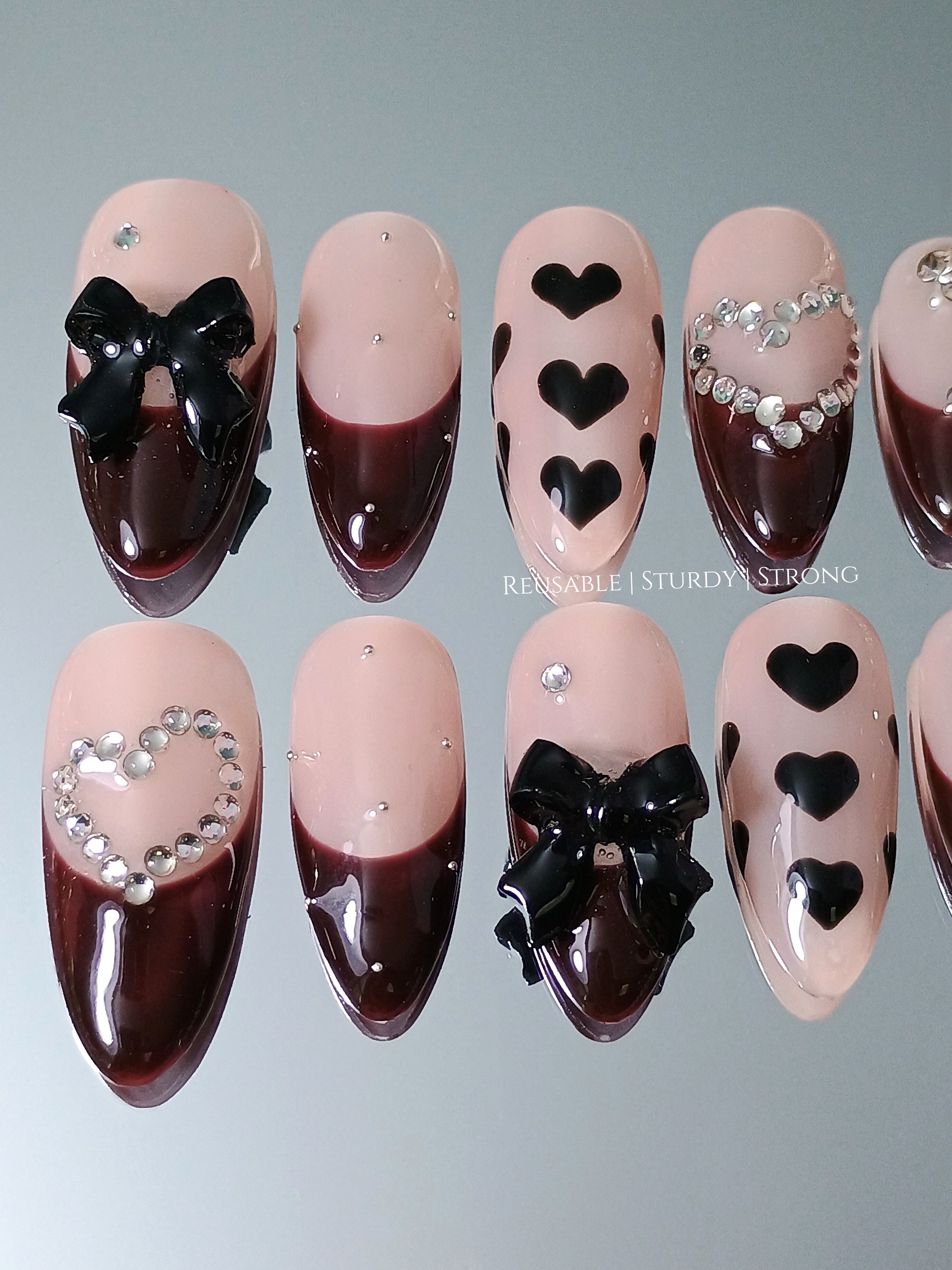 Diamond Heart and Burgundy French Tips