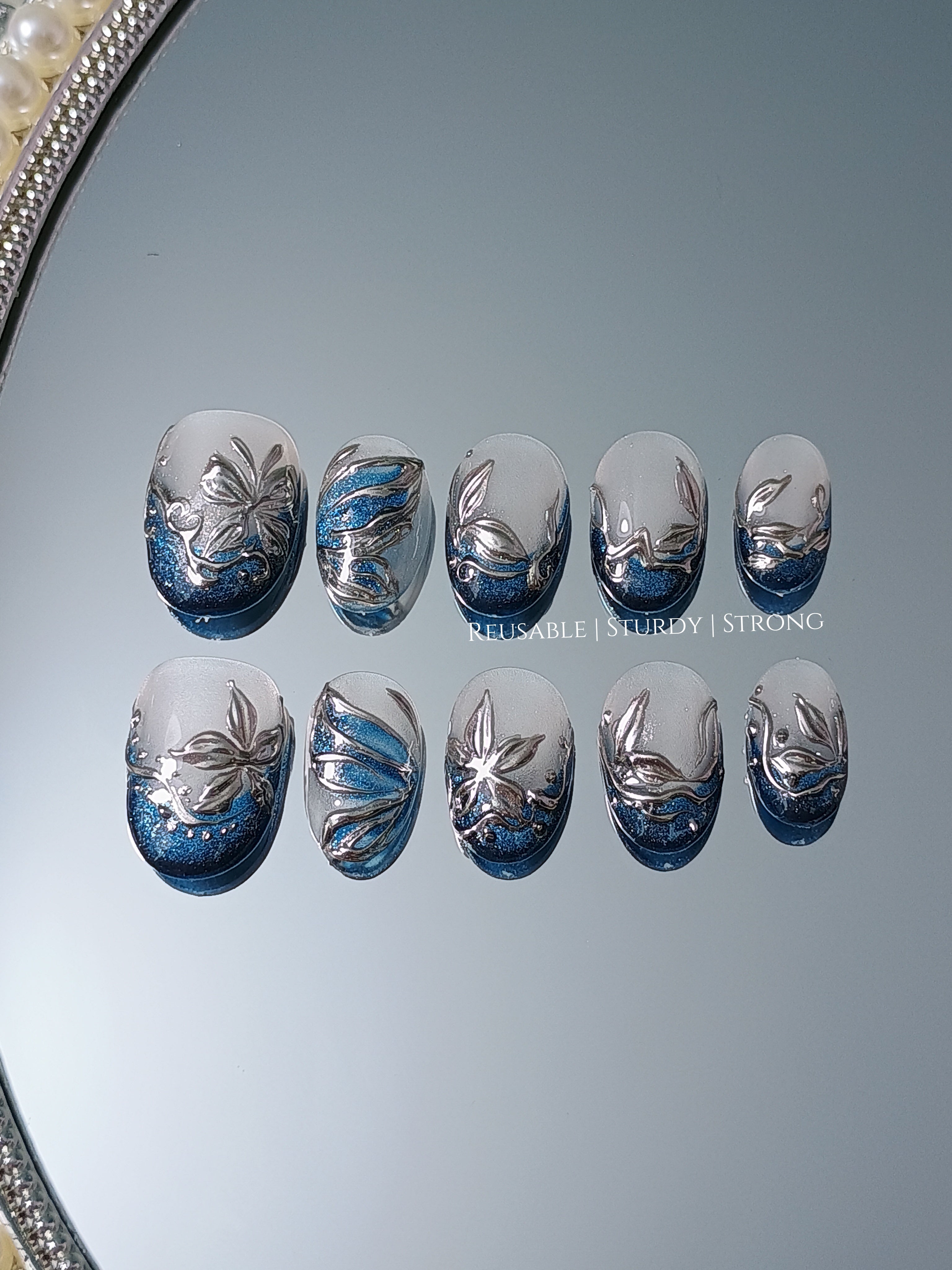 Sapphire Icy Metallic Floral Elegance | premium