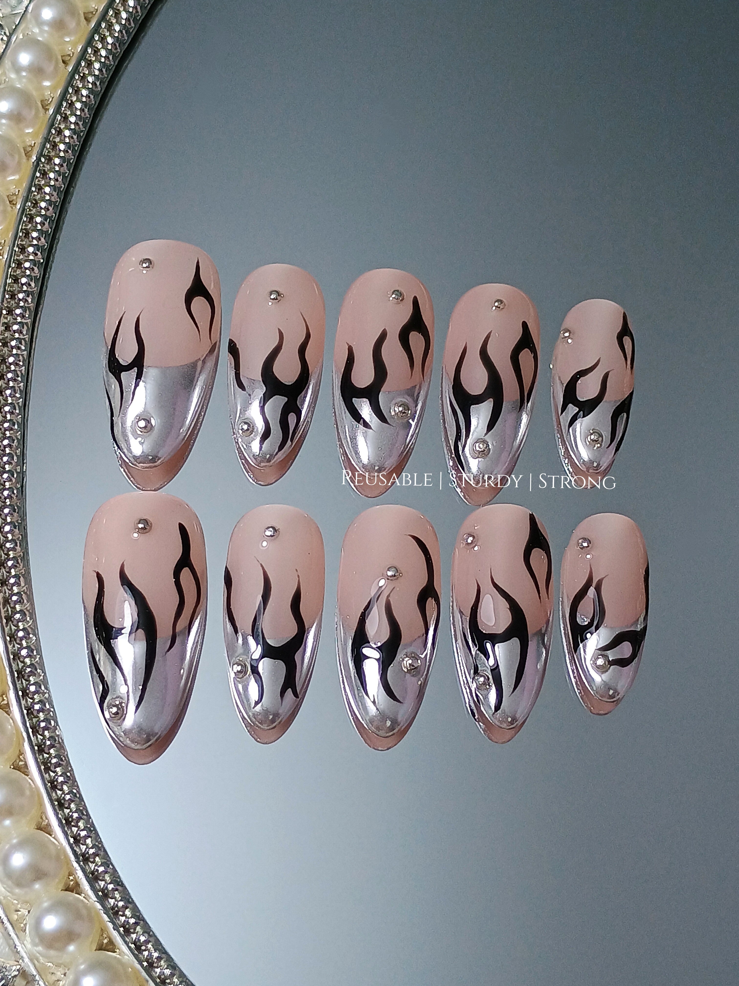 Metallic Black Flame | Durable Nails